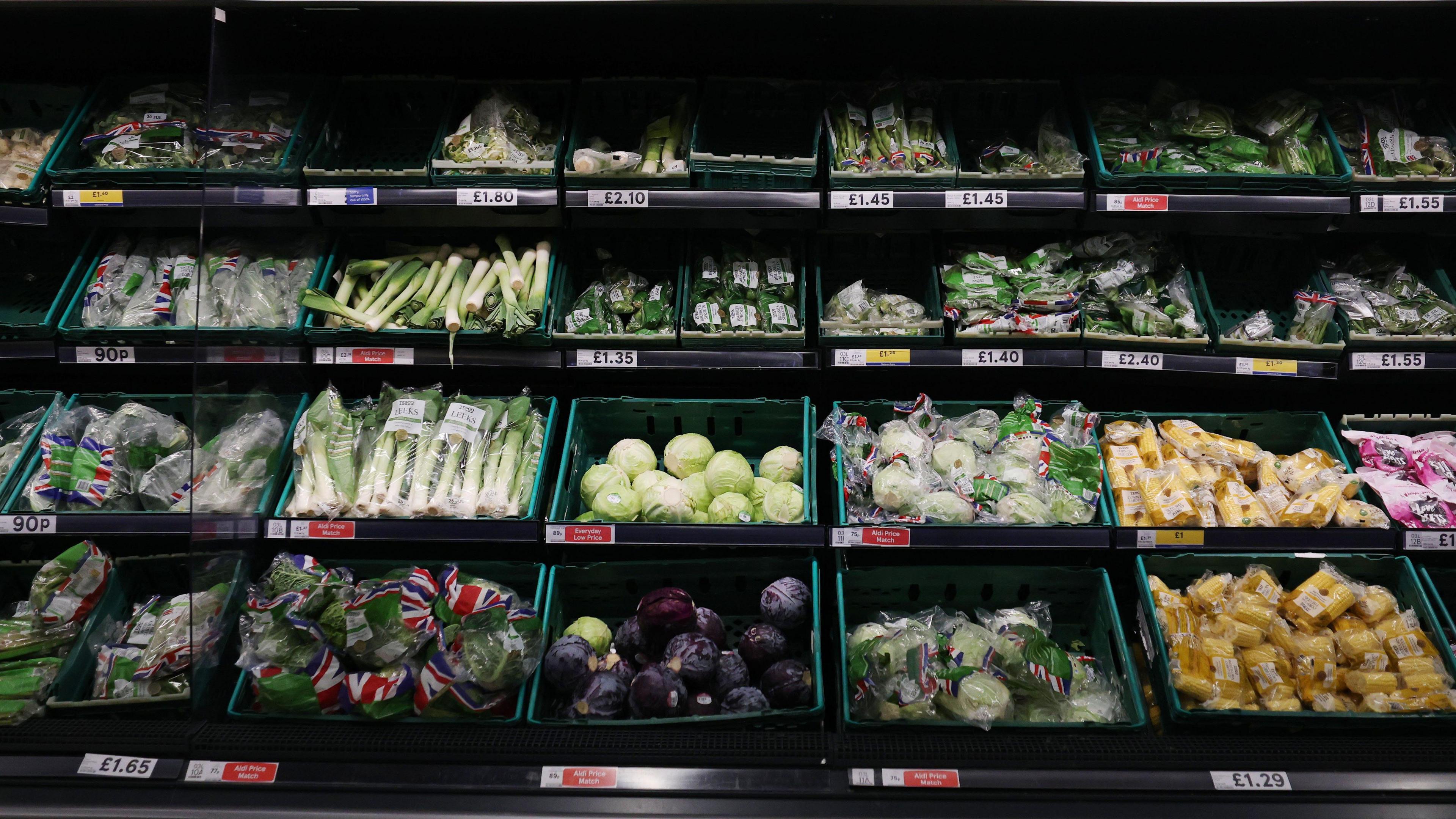 A fruit and vegetable display in a British supermarket