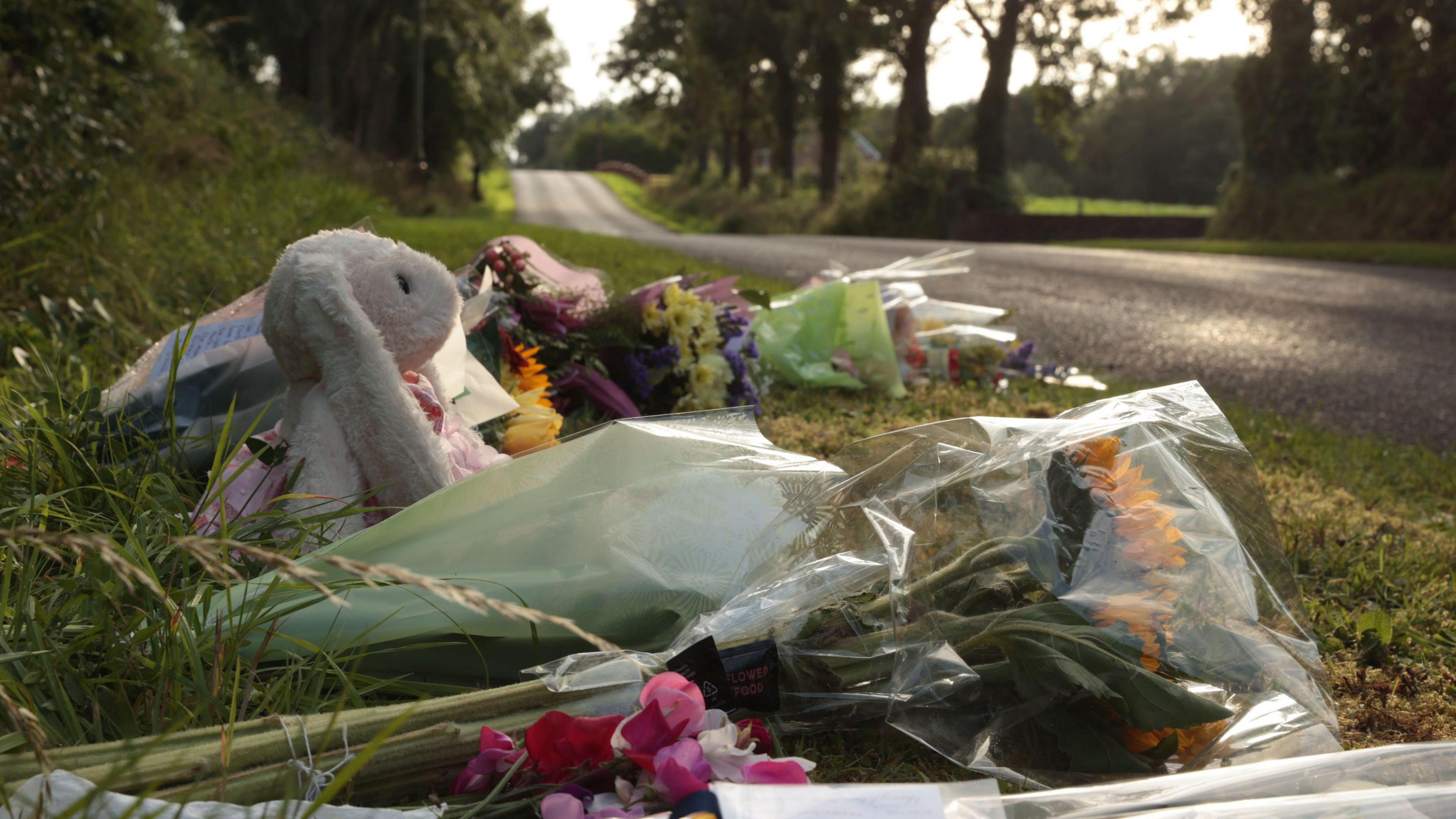 A teddy and flowers are lying on the side of a country road.