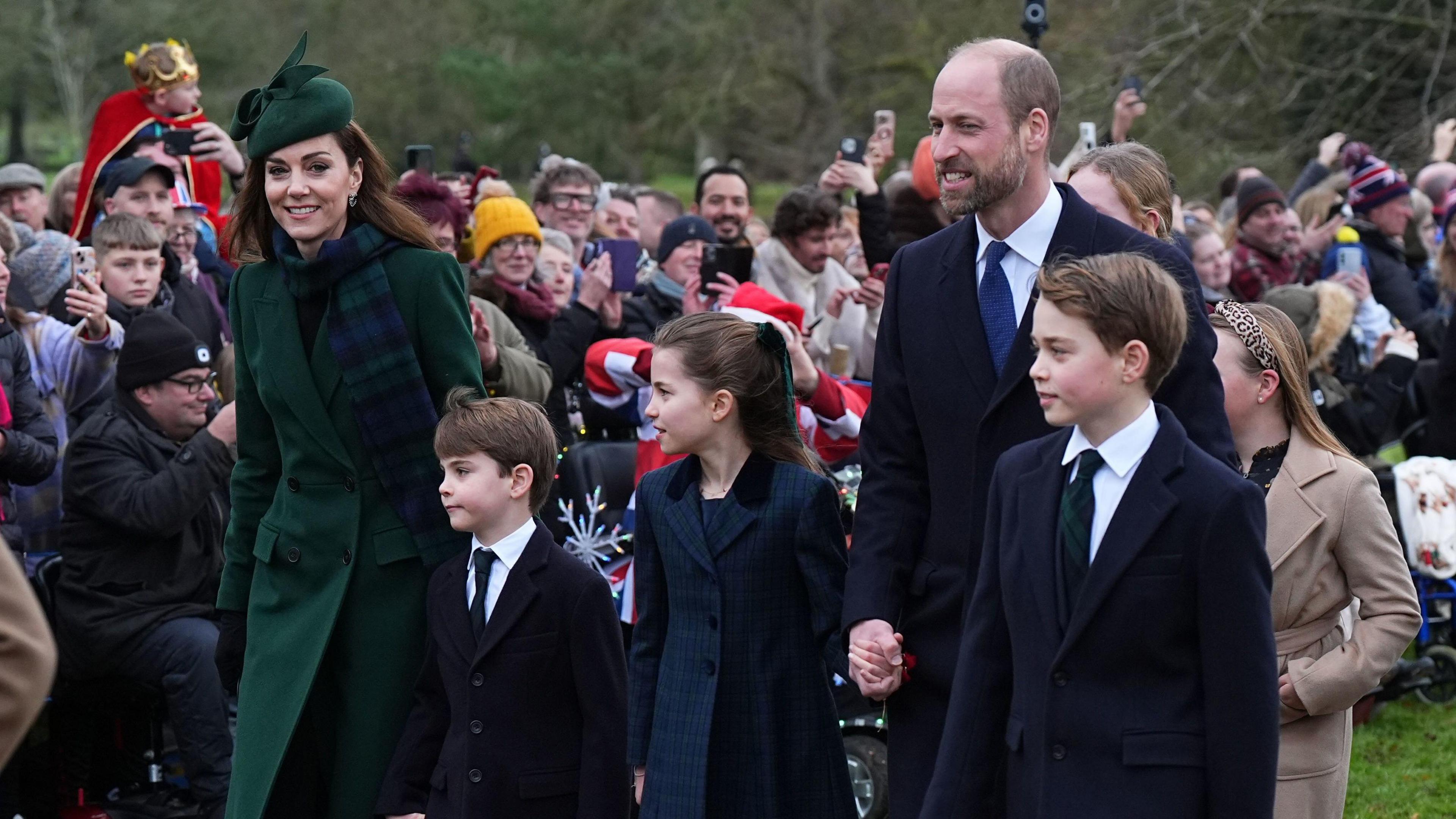 The Princess of Wales, Prince Louis, Princess Charlotte, the Prince of Wales, and Prince George attending the Christmas Day morning church service at St Mary Magdalene Church in Sandringham, Norfolk.