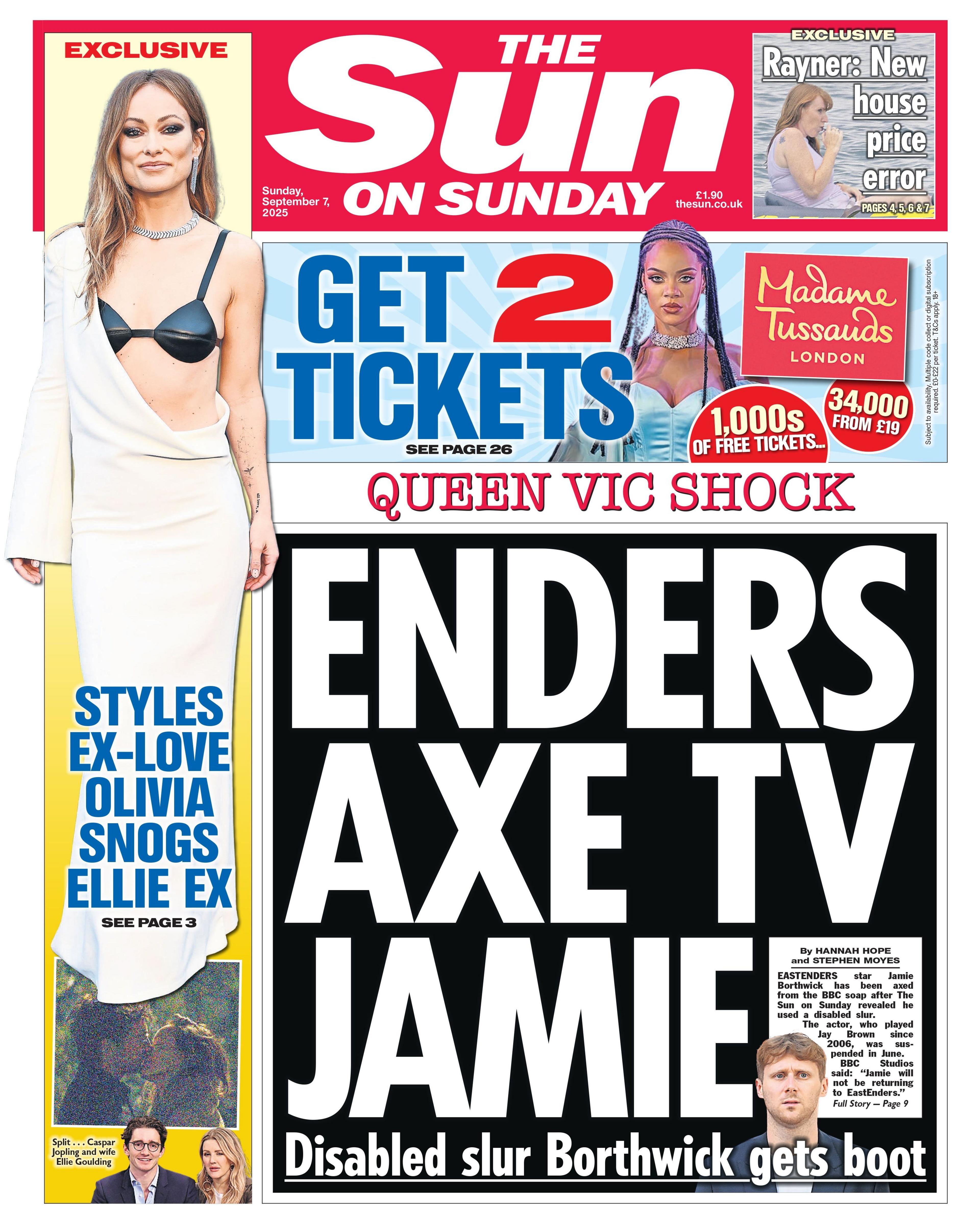 The headline on the front page of the Sun reads: "Enders axe TV Jamie".