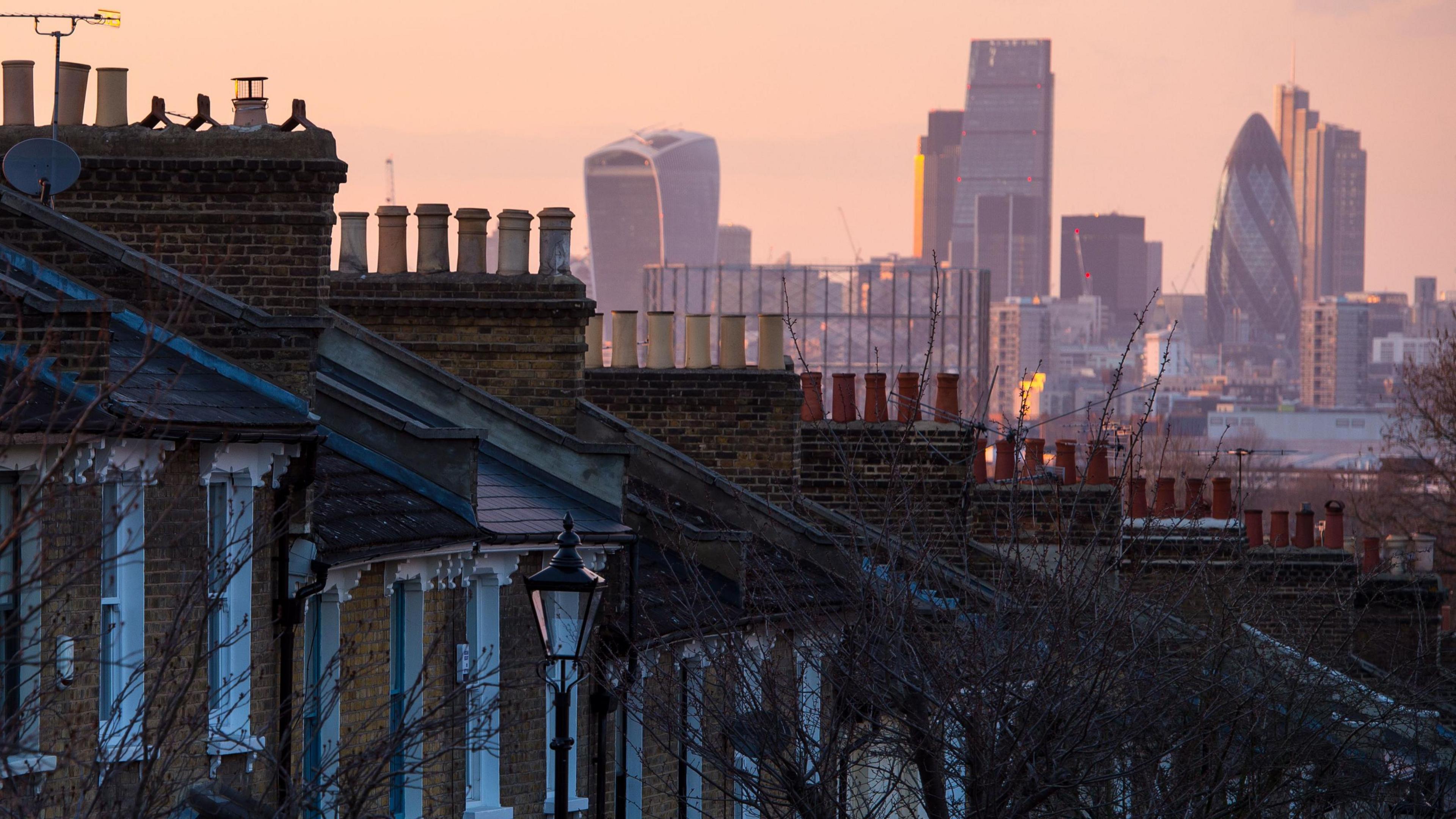 Row of houses with central London backdrop.