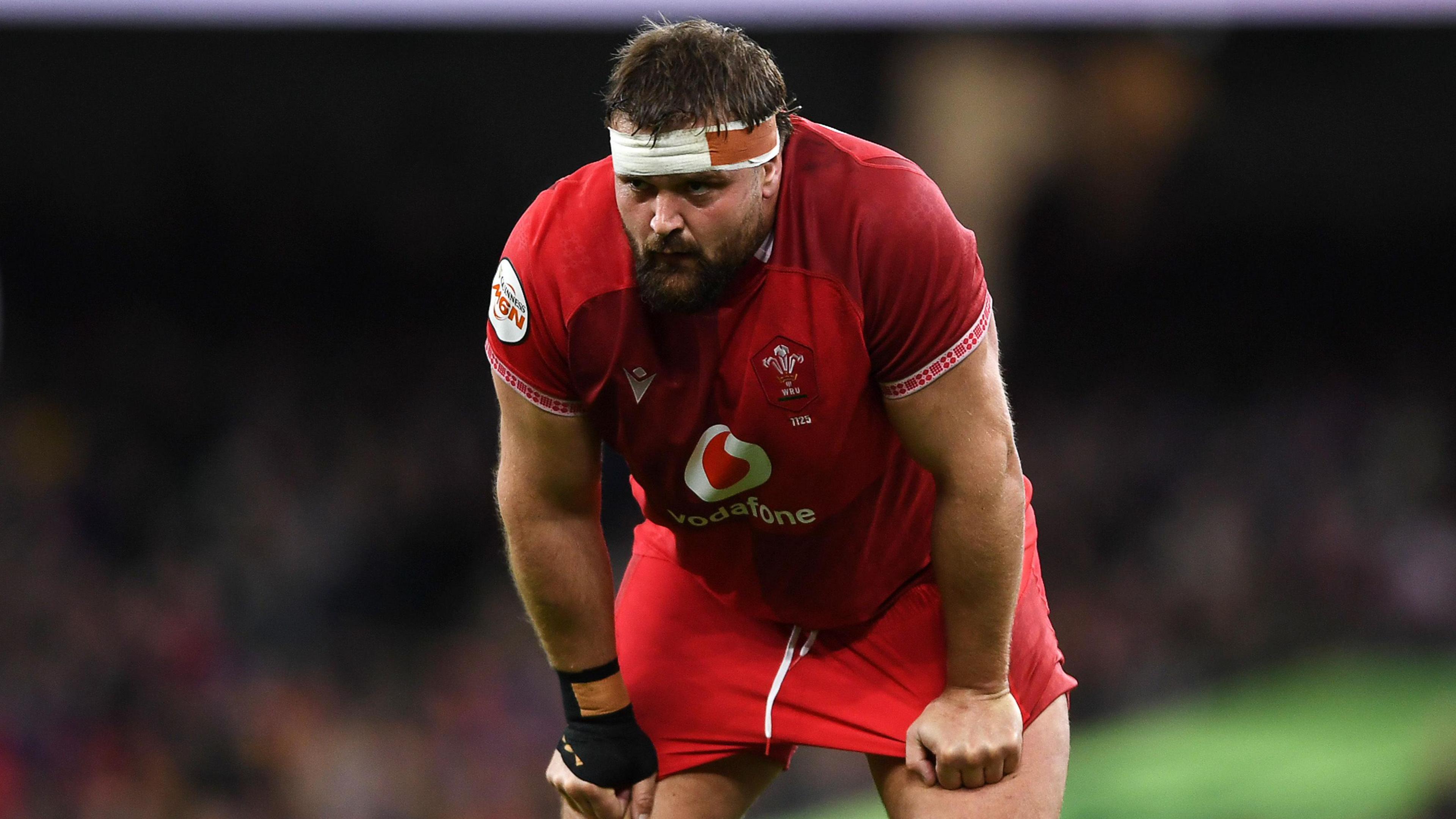 Wales prop Tomas Francis with his hands on his knees