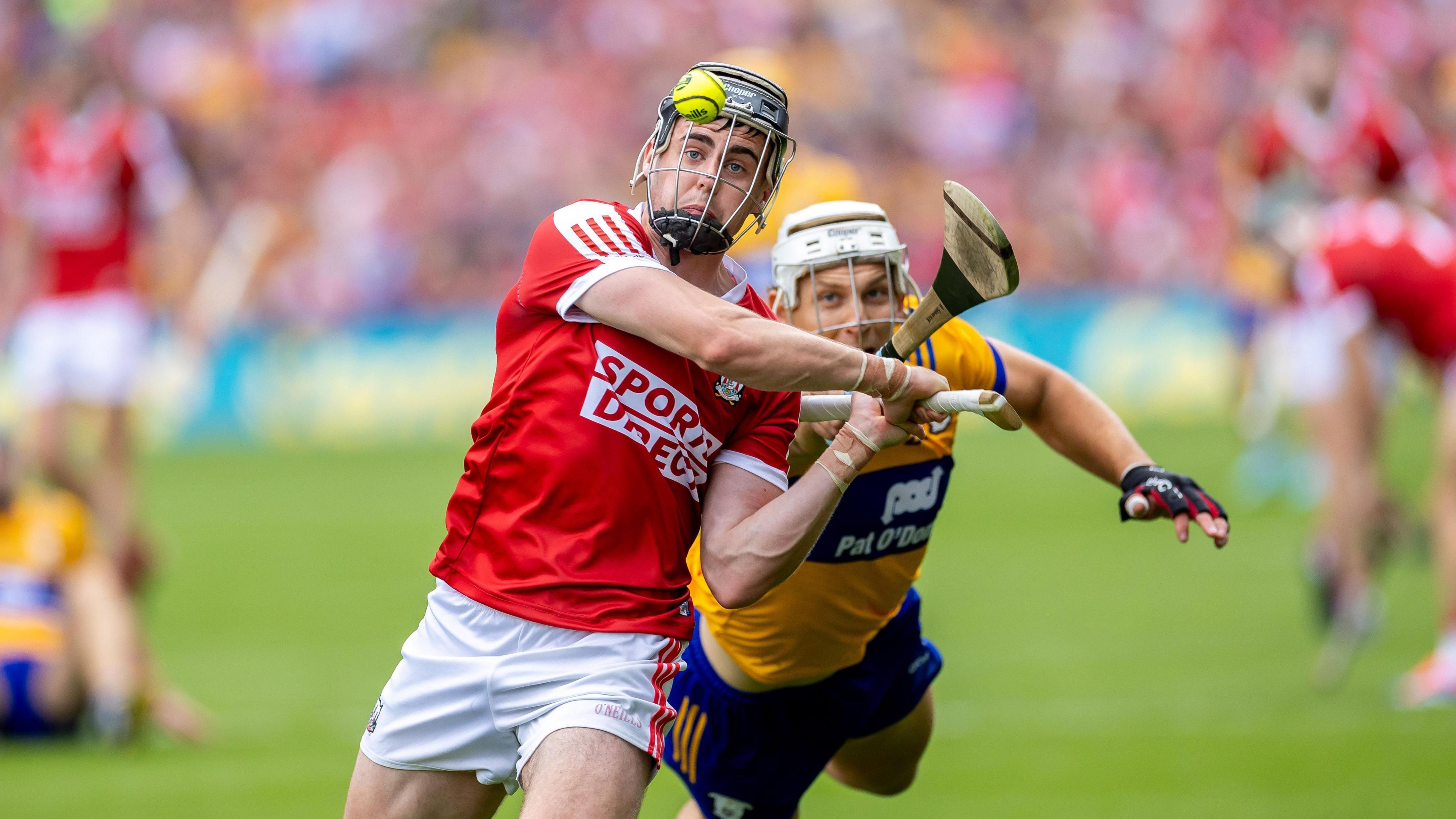 Cork's Darragh Fitzgibbon is challenged by Clare's Aron Shanagher in the All-Ireland Final at Croke Park