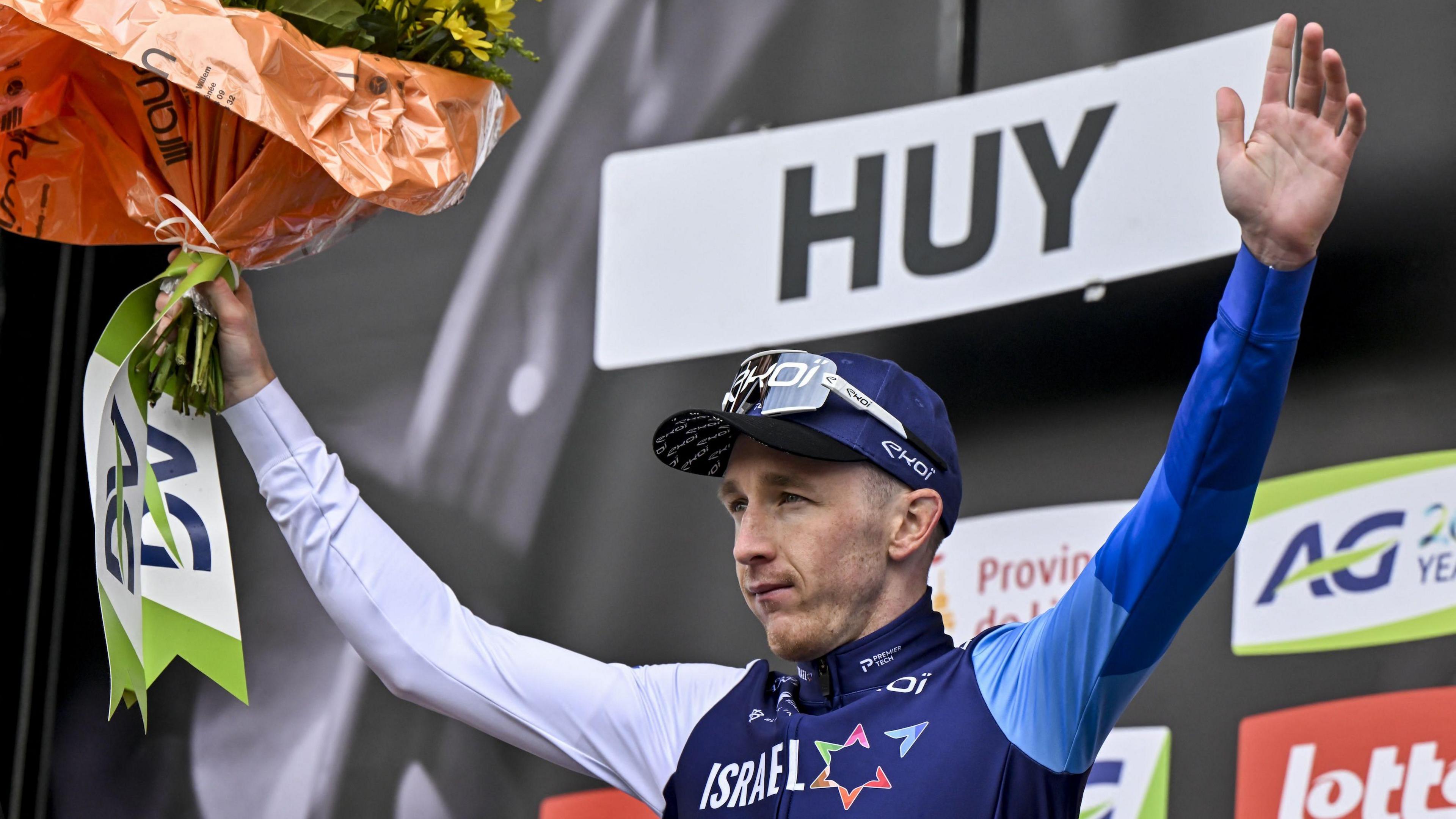 Stevie Williams celebrates his historic win at La Flèche Wallonne