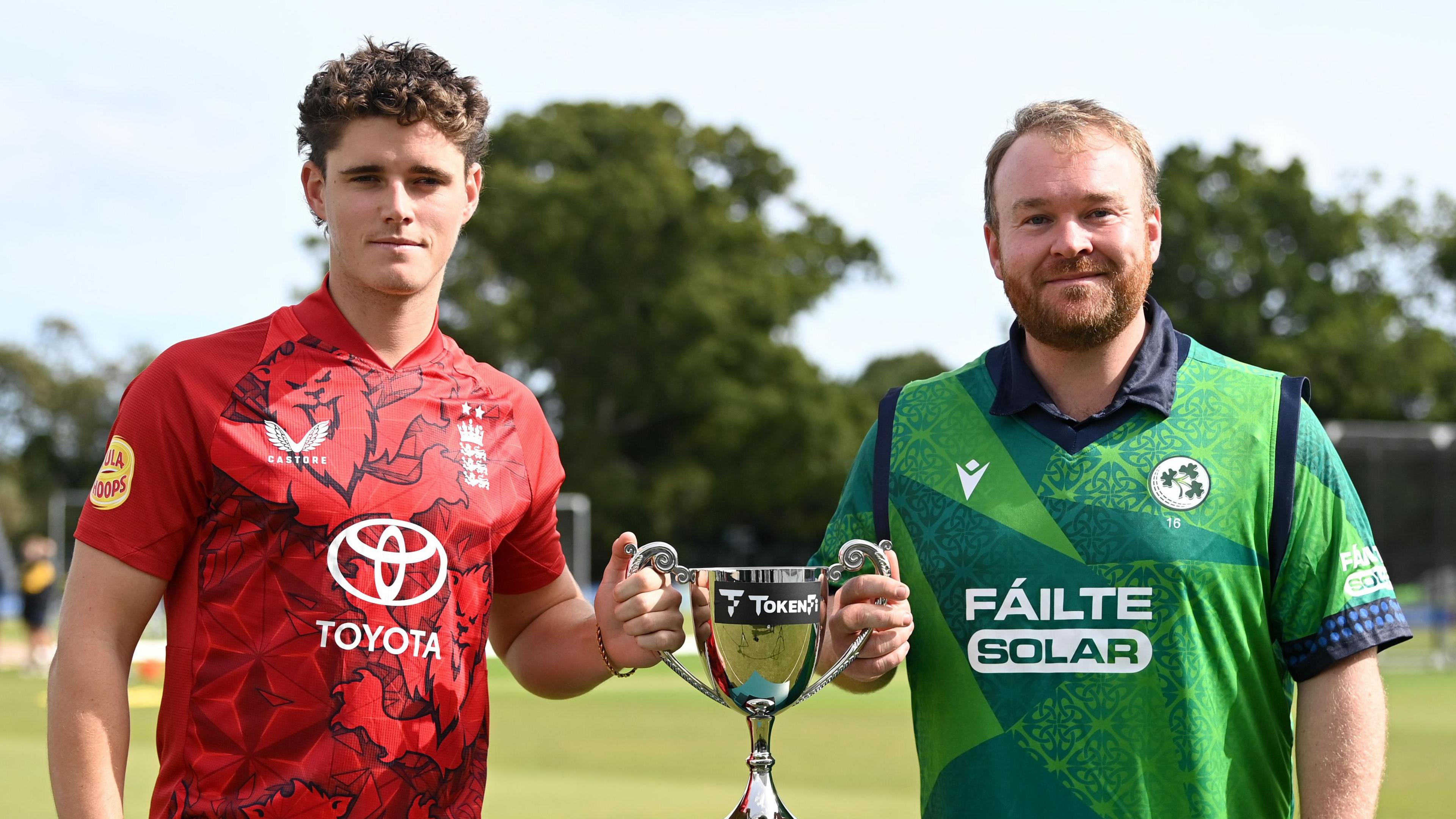England captain Jacob Bethell and Ireland counterpart Paul Stirling pose with the series trophy for their T20 international series 
