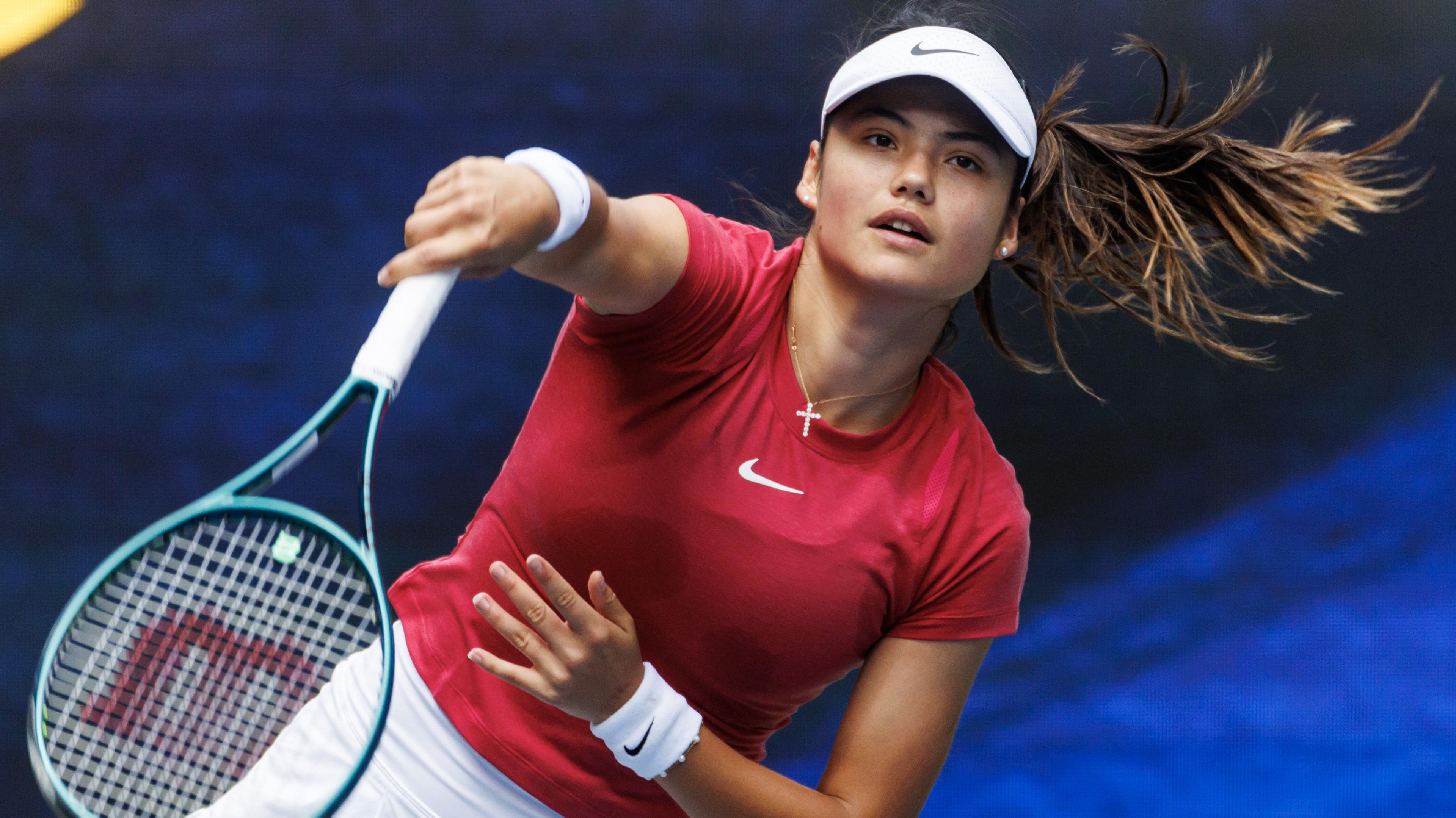 Emma Raducanu hits the ball at a practice session in New York