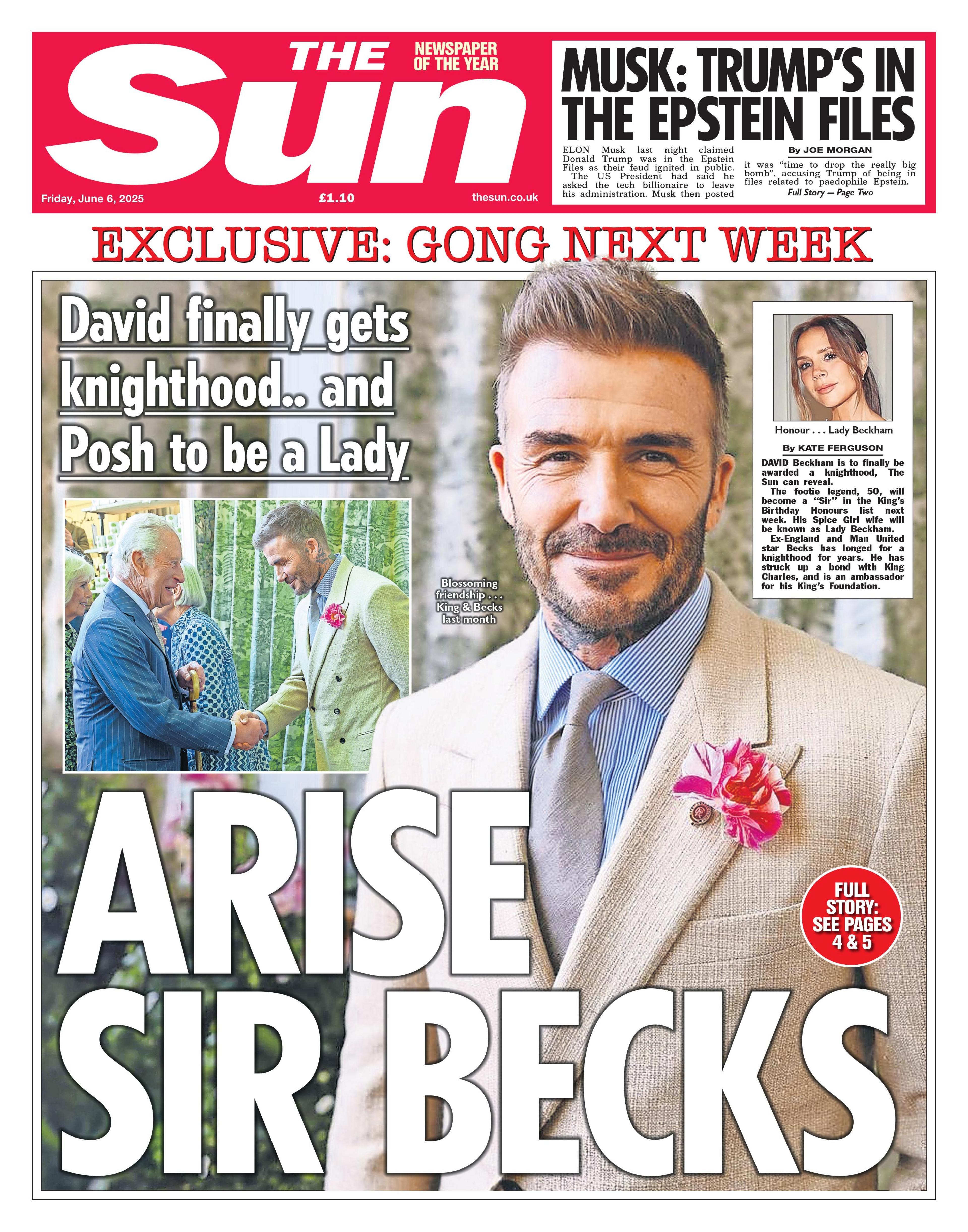 "Arise Sir Becks" reads the headline on the front page of The Telegraph.