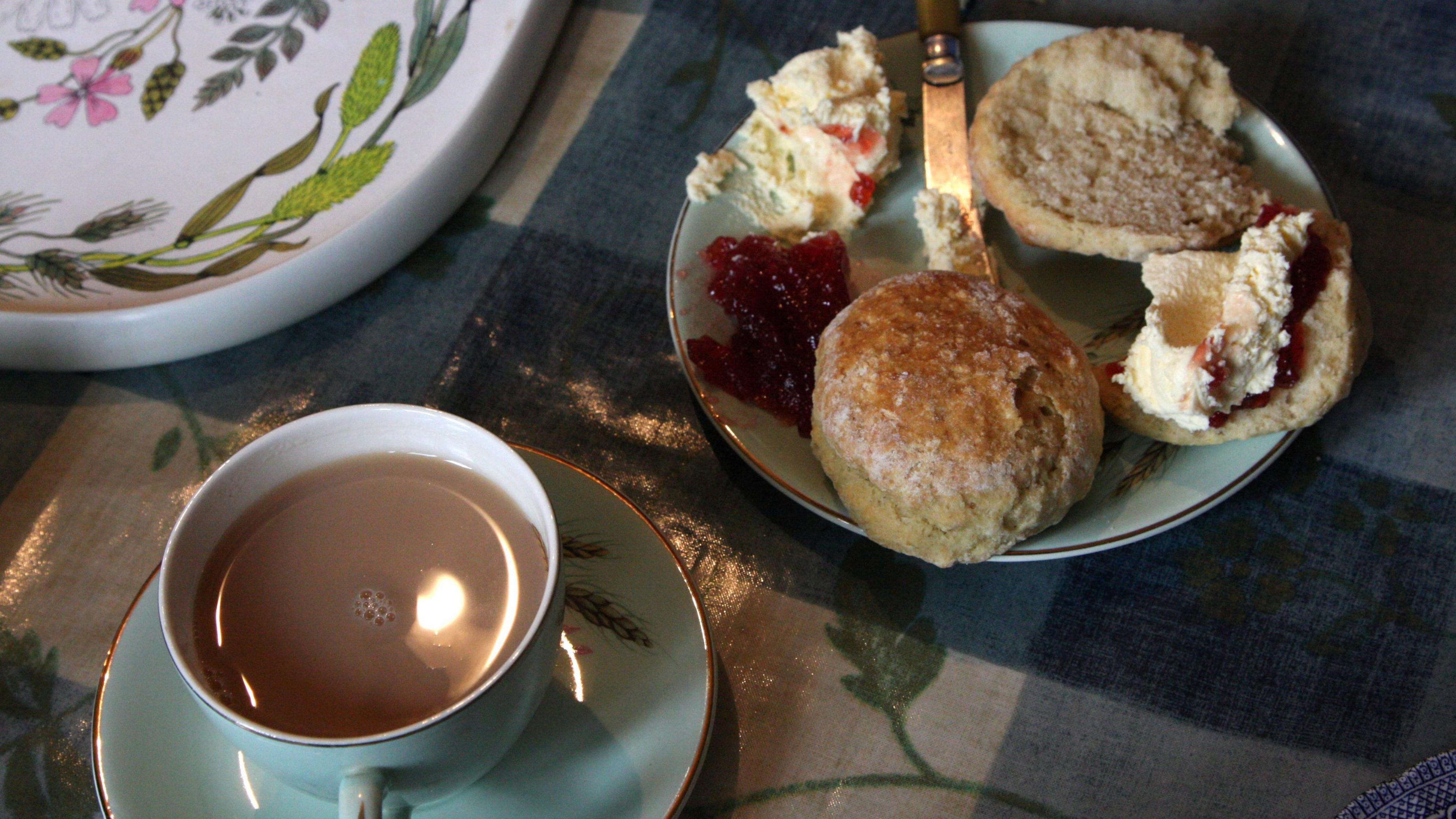 Scones, jam and clotted cream on plate next to a cup of tea in a bone china cup.