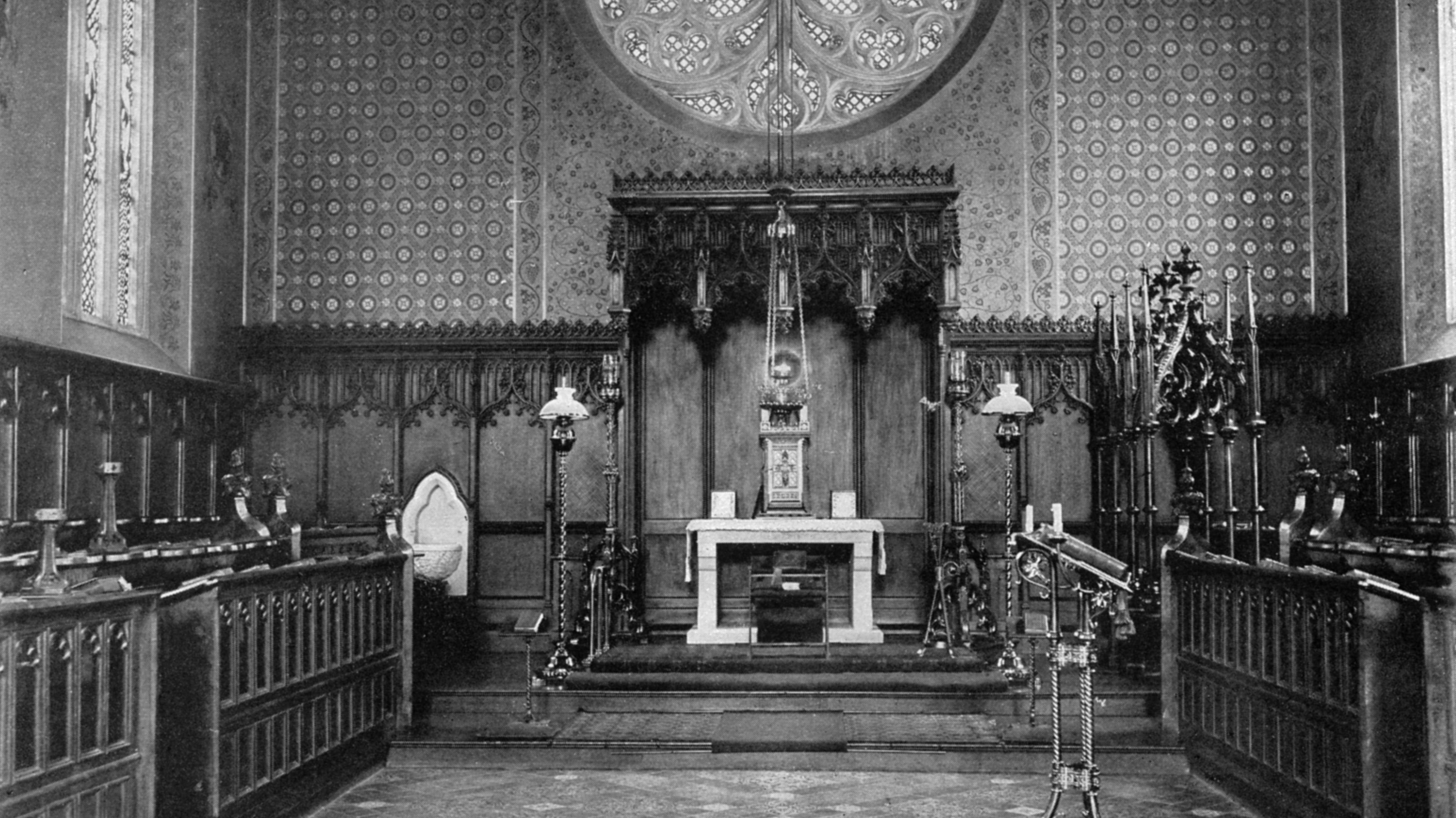 A black and white image of the inside of a church.