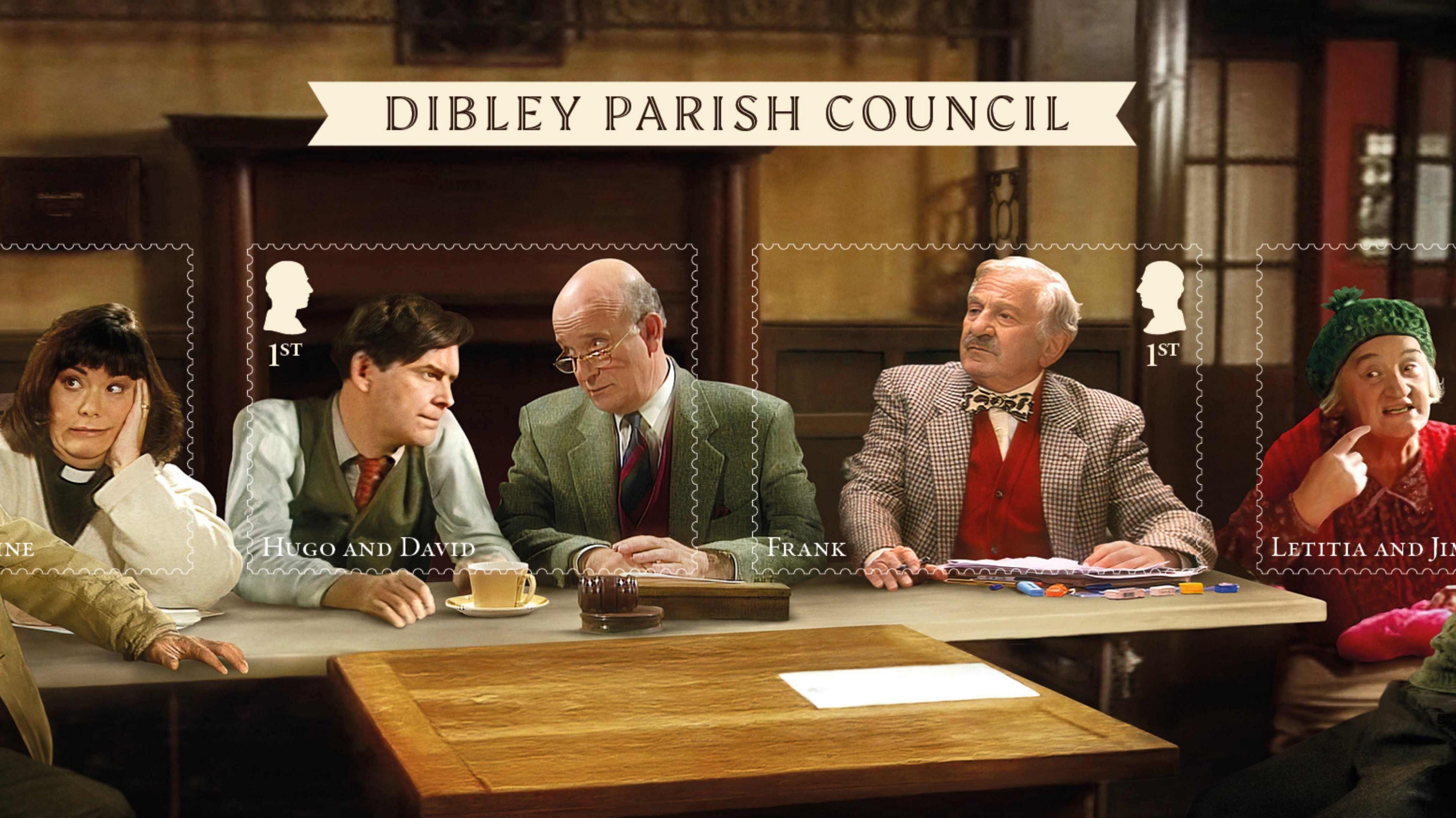 Another iconic Vicar of Dibley scene - the Dibley Parish Council. Starring left to right - Dawn French a Geraldine Granger, James Fleet as Hugo; Gary Waldhorn father David. 