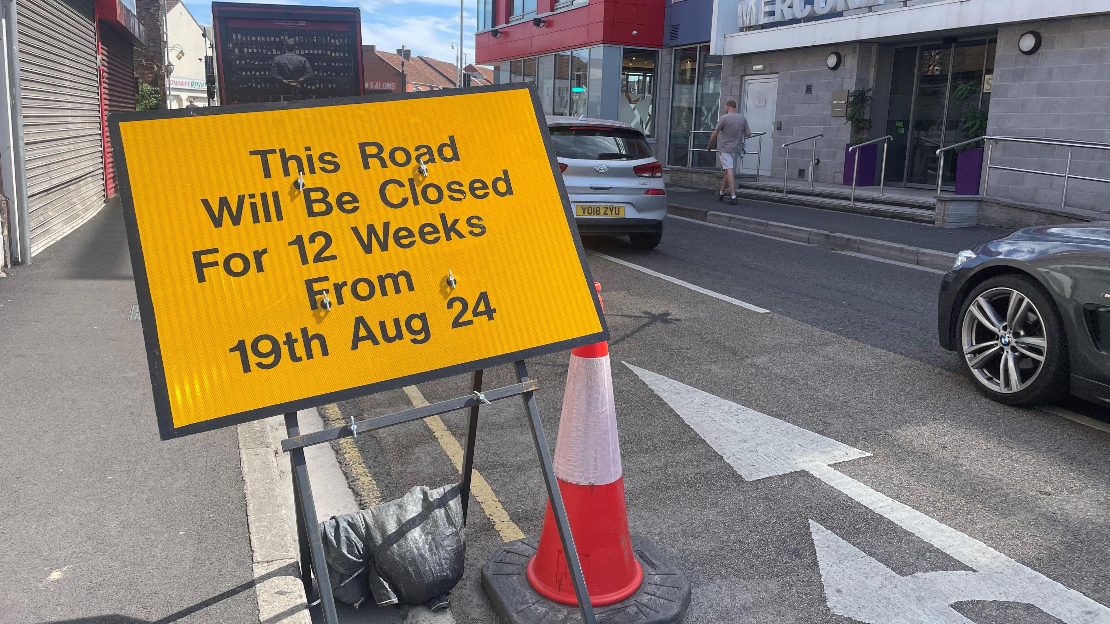 A sign on Eastover in Bridgwater that reads 'This road will be closed for 12 weeks from 19th Aug 24'