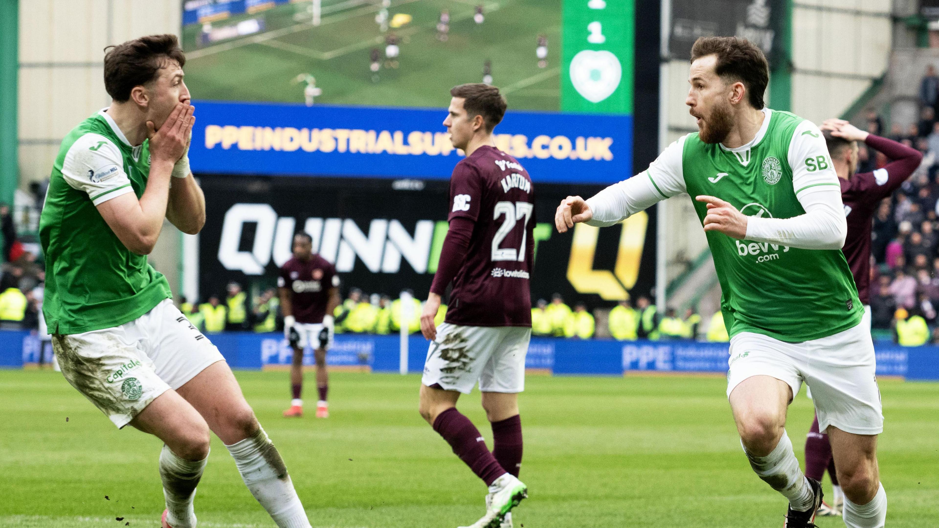 Hibs' Jack Iredale celebrates with Josh Campbell after scoring