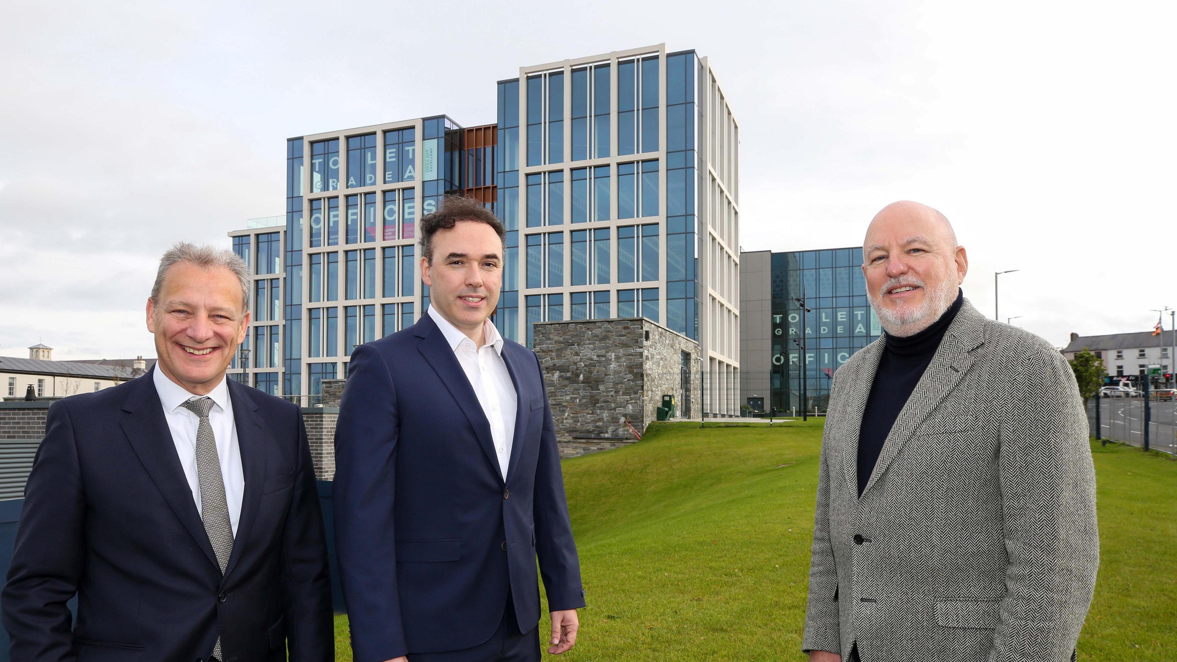 (Left to right) Jeremy Fitch, Executive Director of Business Growth, Invest NI; Damian O’Callaghan, Group Managing Director, Heron Property Ltd; John Harkin, Chief Executive, Alchemy Technology Services