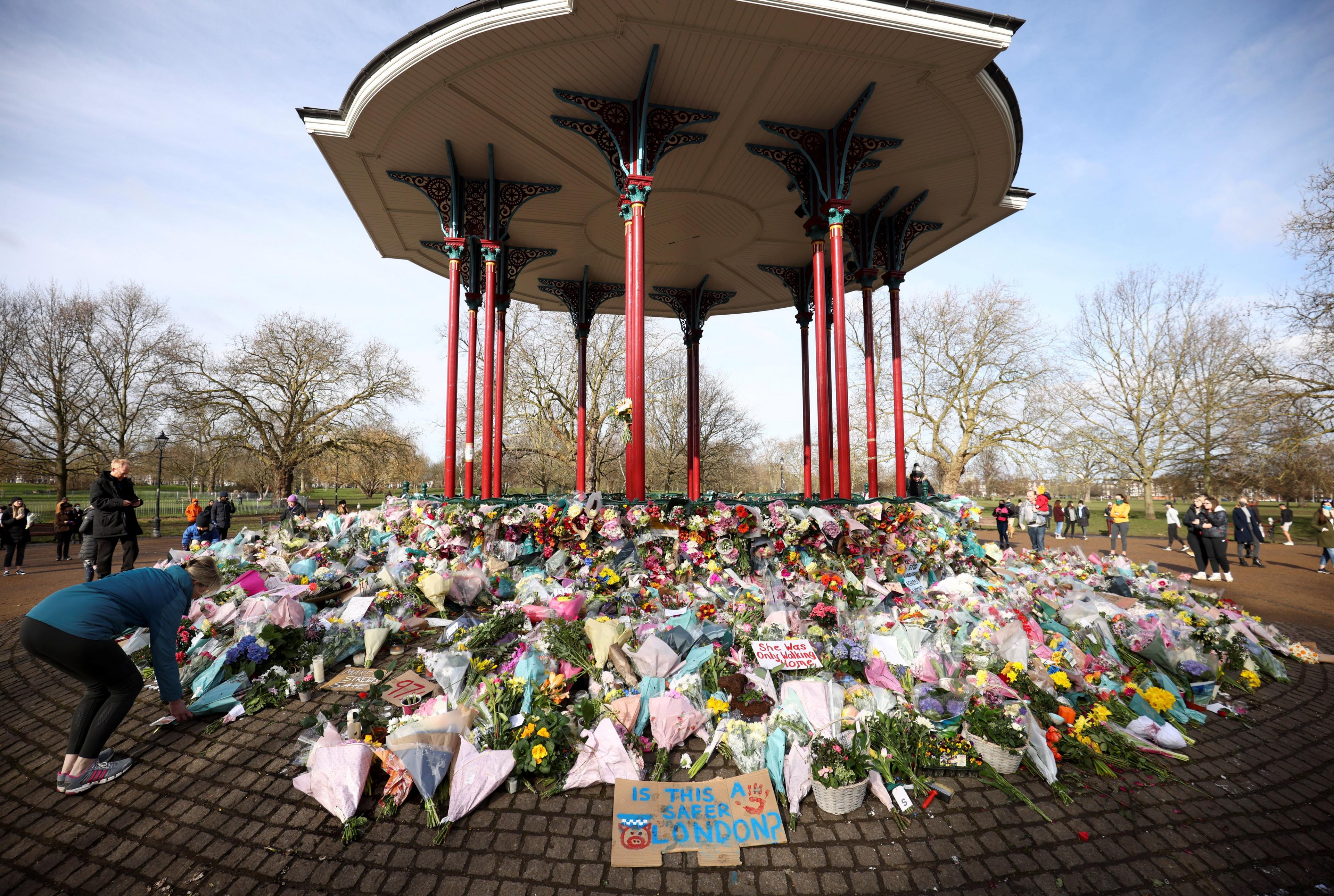 Clapham Bandstand surrounded by flowers laid in tribute to Sarah Everard after she was murdered in March 2021.