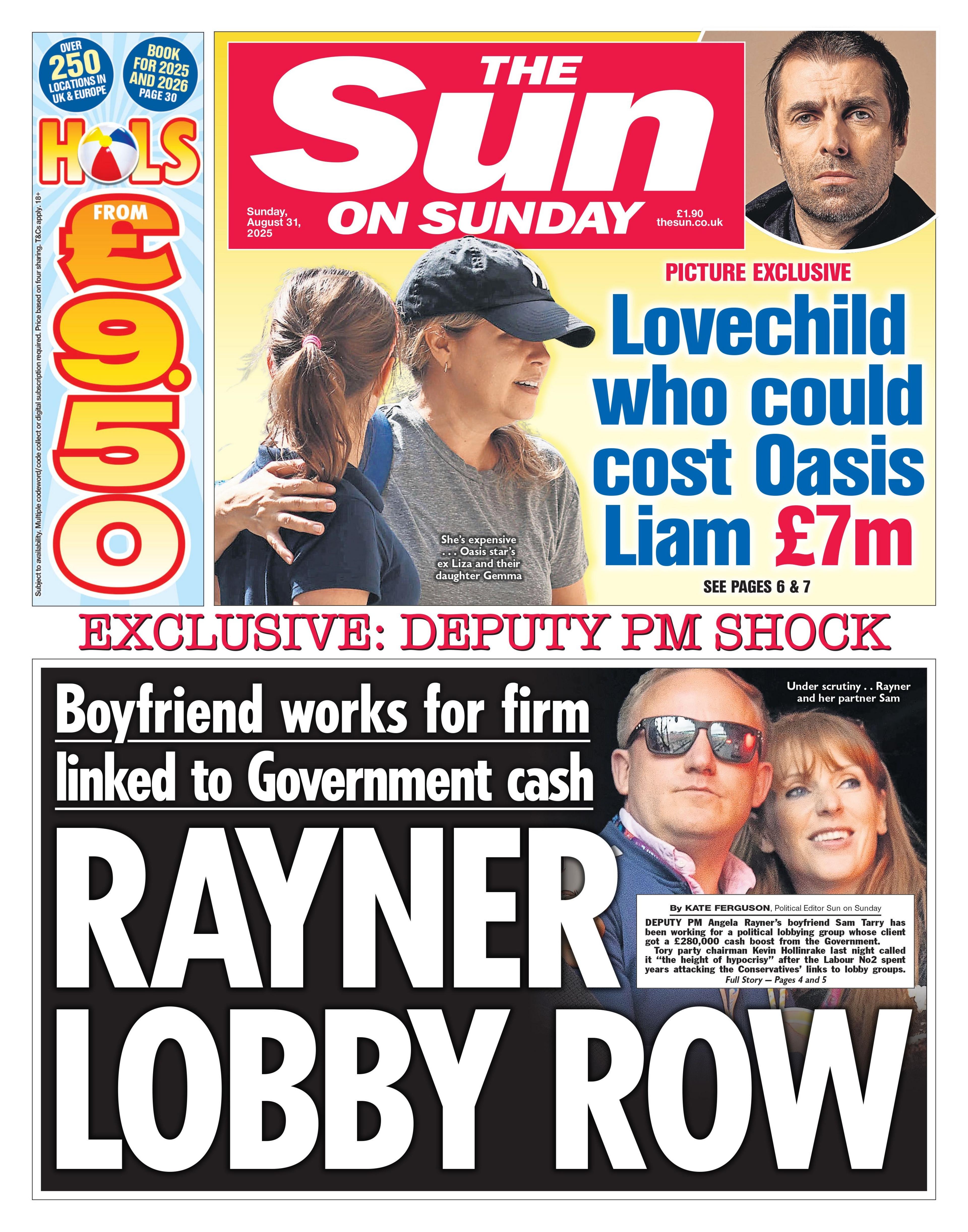 The Sun on Sunday has a picture of the Deputy Prime Minister, Angela Rayner, pictured with her partner Sam Tarry alongside the headline "Rayner lobby row".