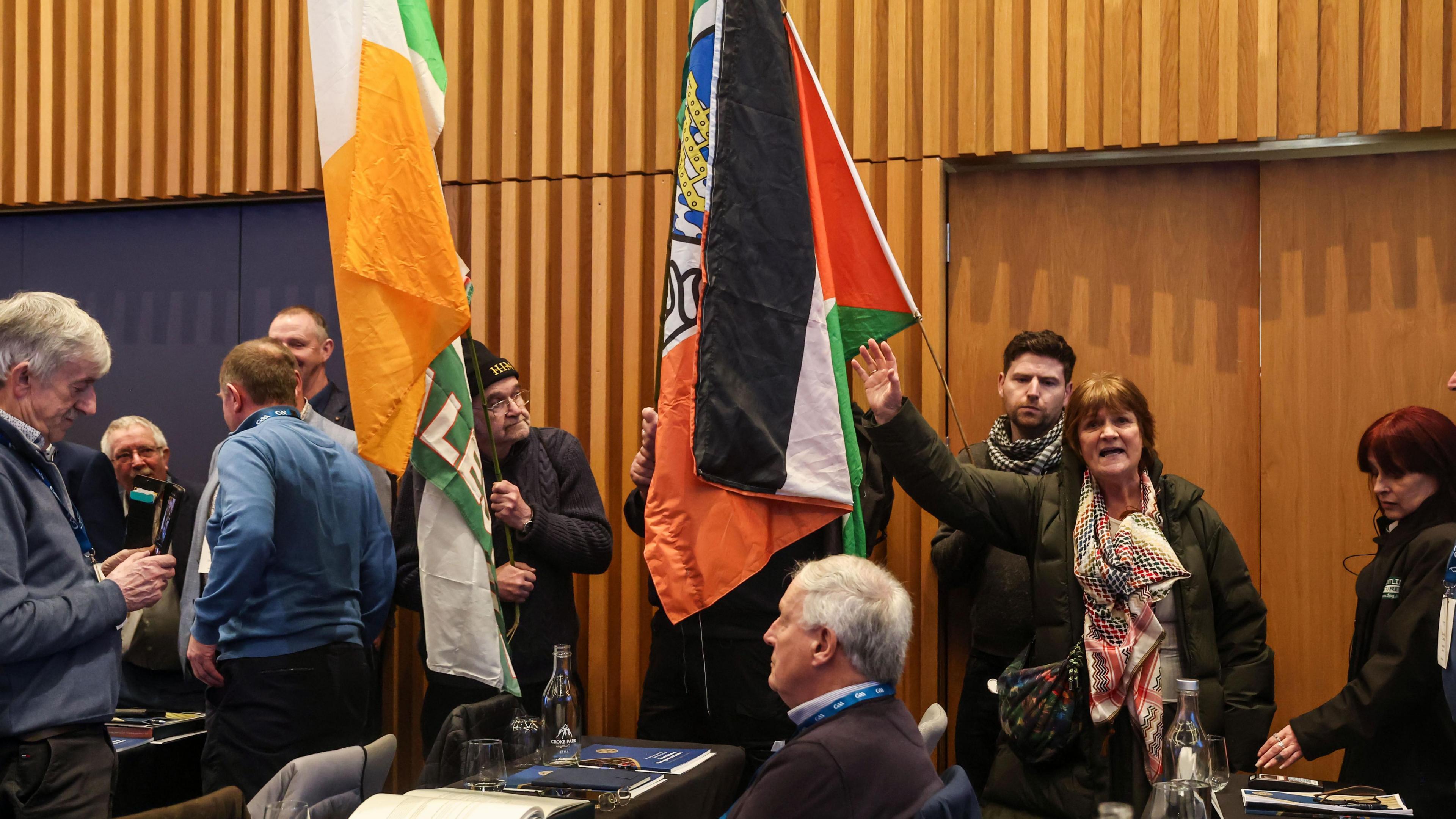 Protesters storm into Croke Park during the GAA Congress