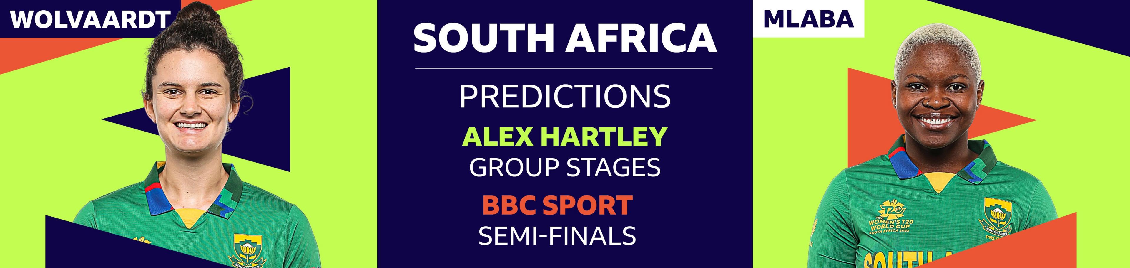 A banner image showing Alex Hartley has picked Laura Wolvaardt and Nonkululeko Mlaba as her two South Africa players to watch at the Women's T20 World Cup 2023. Hartley has predicted South Africa will be eliminated in the group stages, while BBC Sport cricket writer Ffion Wynne thinks they will reach the semi-finals