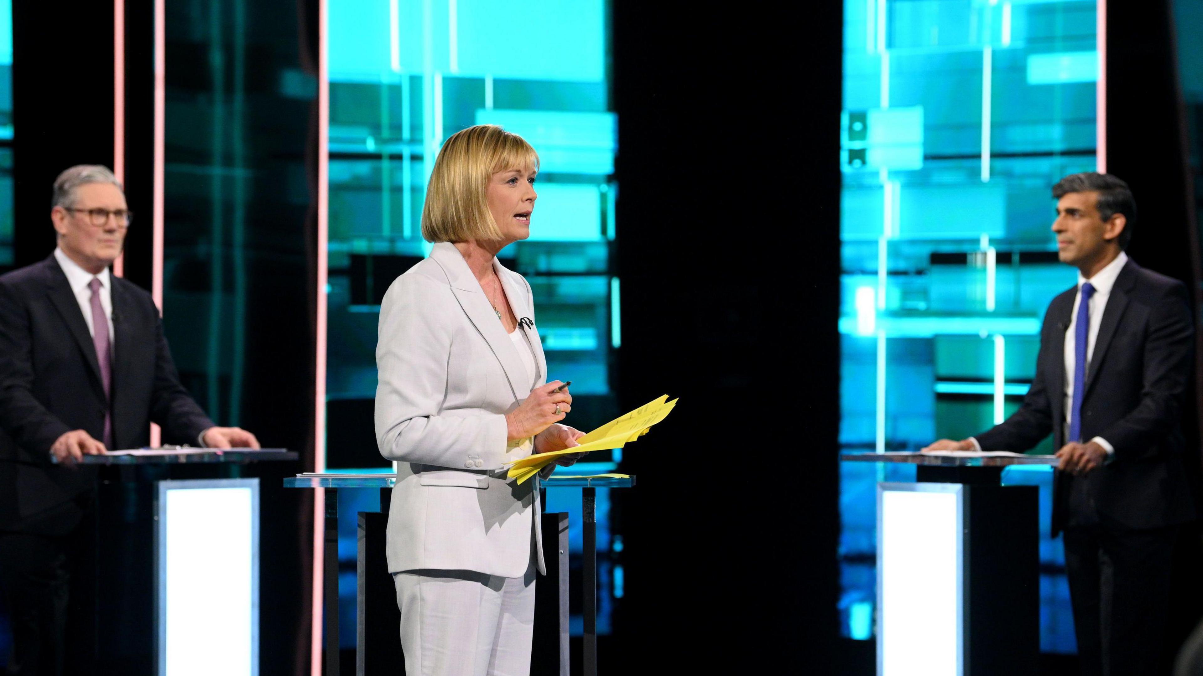 Julie Etchingham presents ITV's televised debate between Sir Keir Starmer and Prime Minister Rishi Sunak