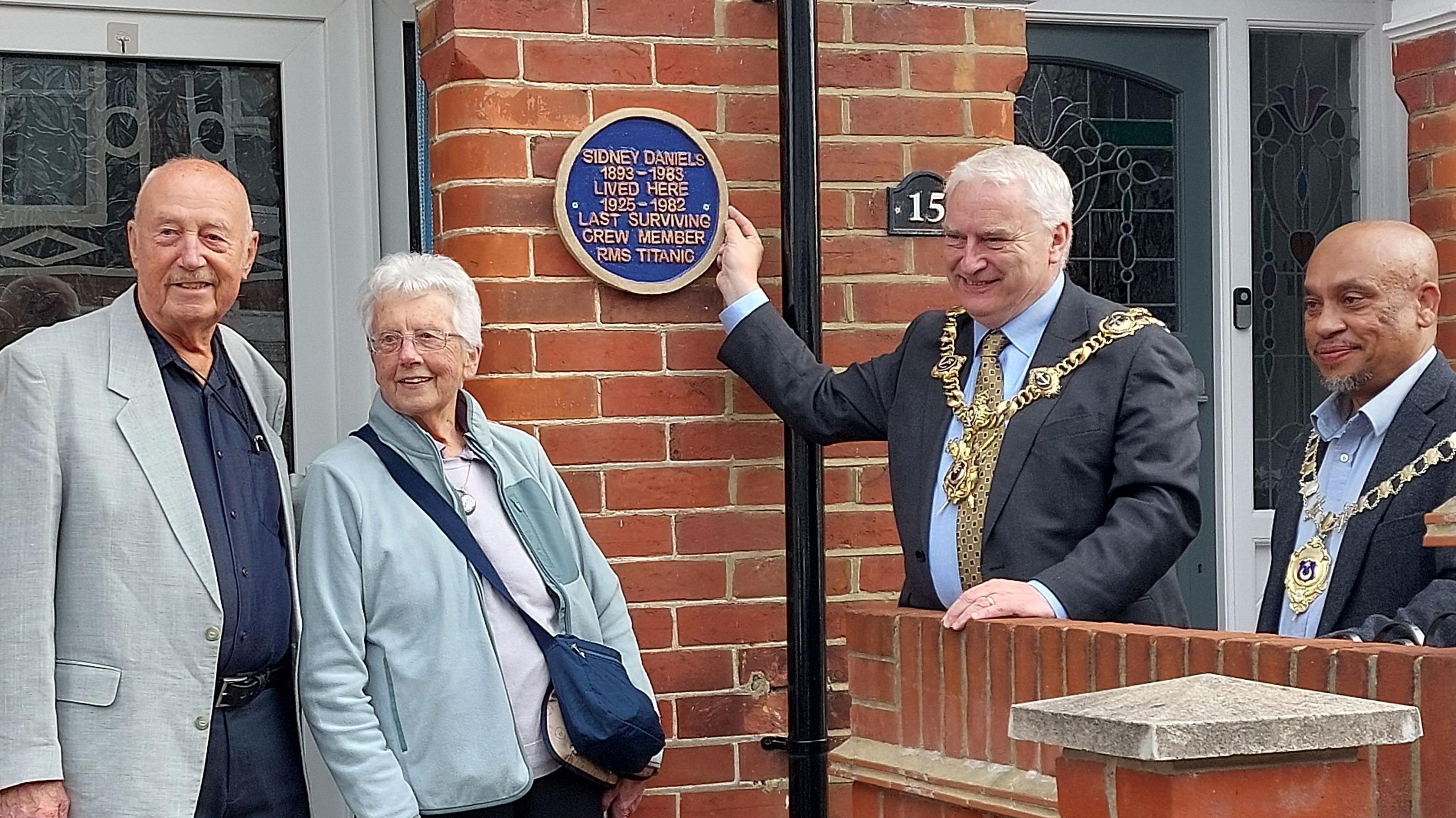 Plaque unveiled by Lord Mayor of Portsmouth accompanied by Deputy Mayor, with Jean Legg and Richard Daniels, surviving children of Sidney Daniels