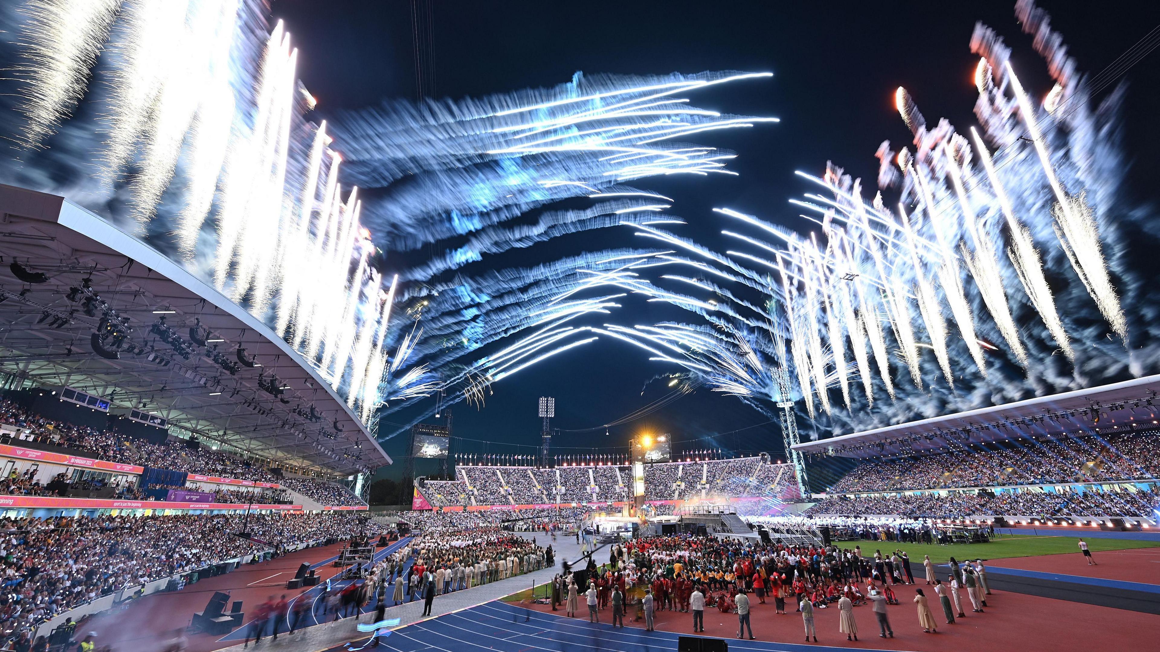 Fireworks erupt over the Alexander Stadium during the closing ceremony for the Commonwealth Games in Birmingham, central England, on August 8, 2022. 