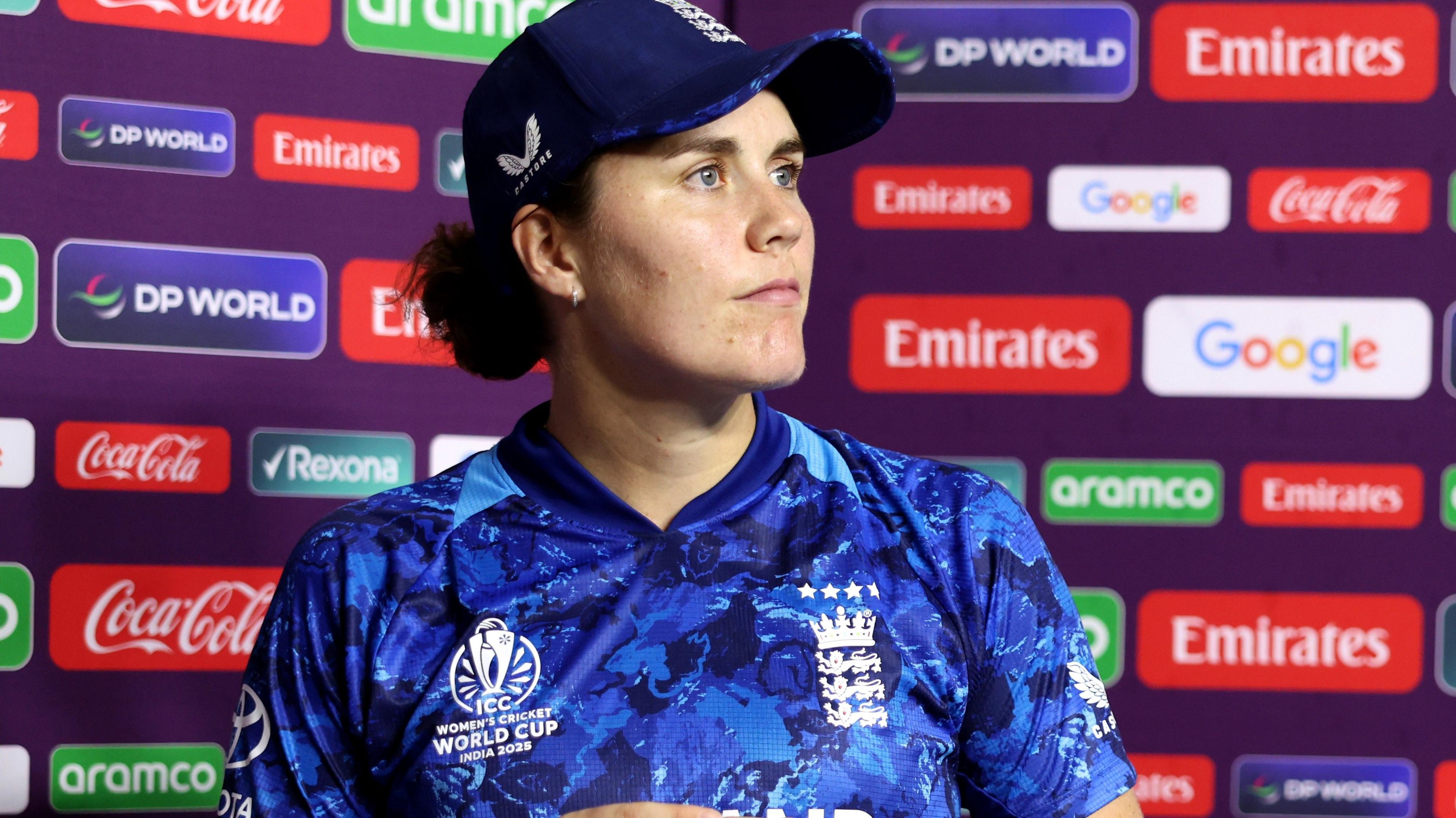 Nat Sciver-Brunt looks thoughtful during the post-match presentation