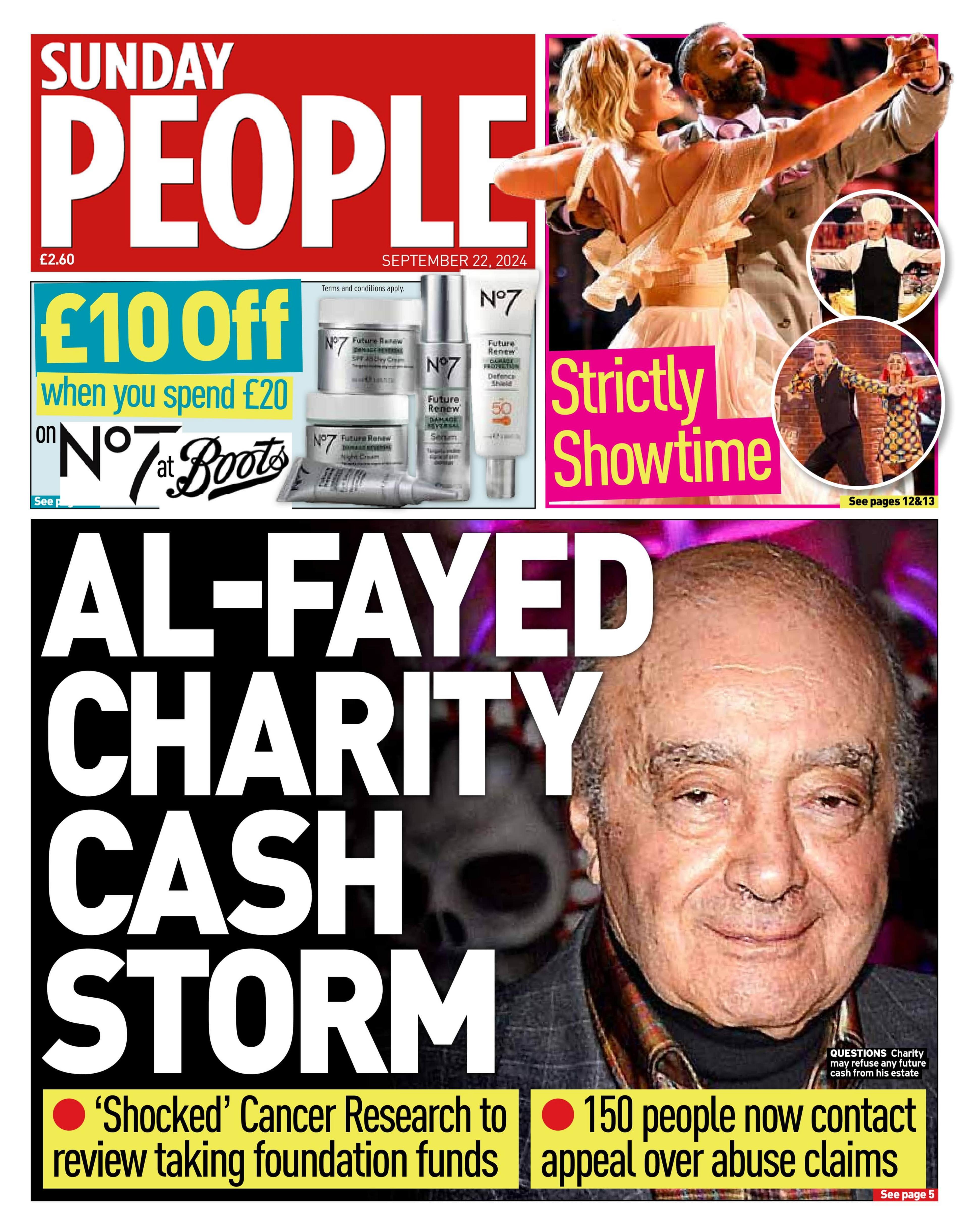 The Sunday People headline reads: Al-Fayed charity cash storm 