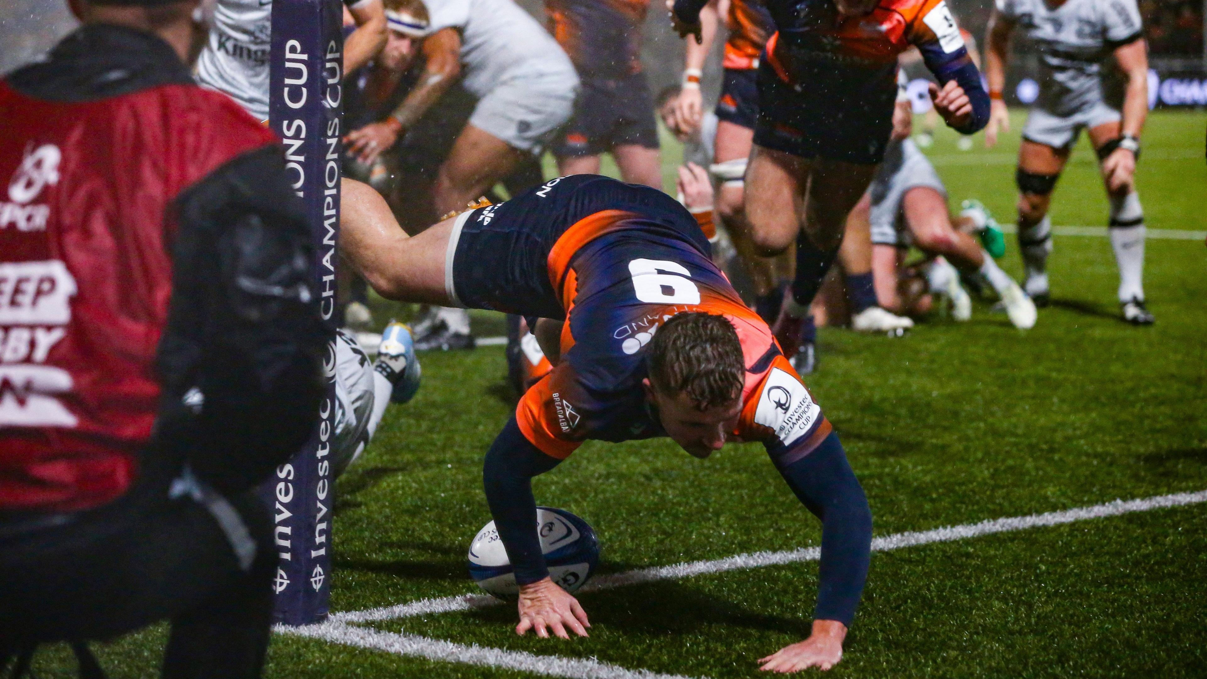 Ben Vellacott leaps over for his score in the corner