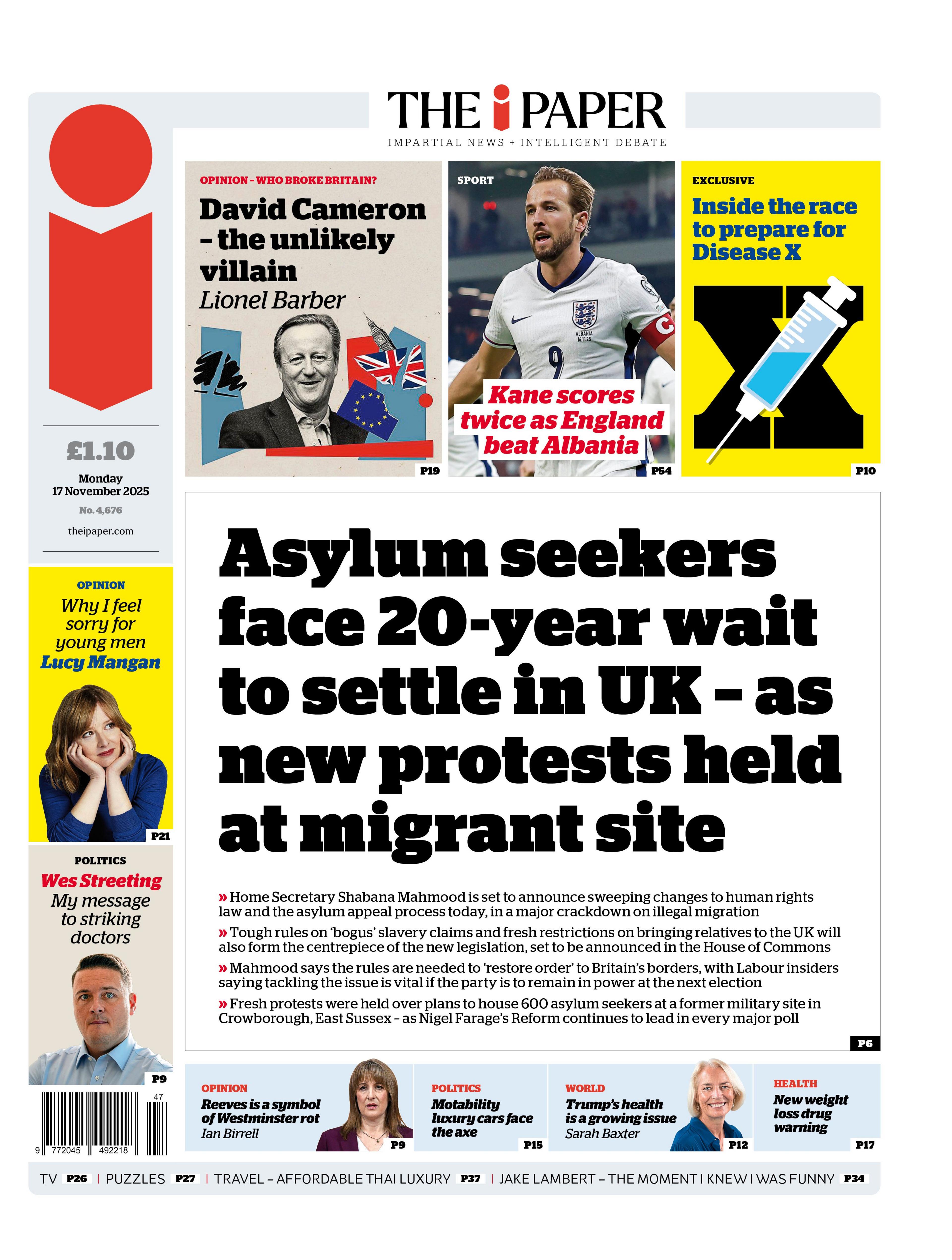 The headline on the front page of the i Paper reads: “Asylum seekers face 20-year wait to settle in UK - as new protests held at migrant site”.