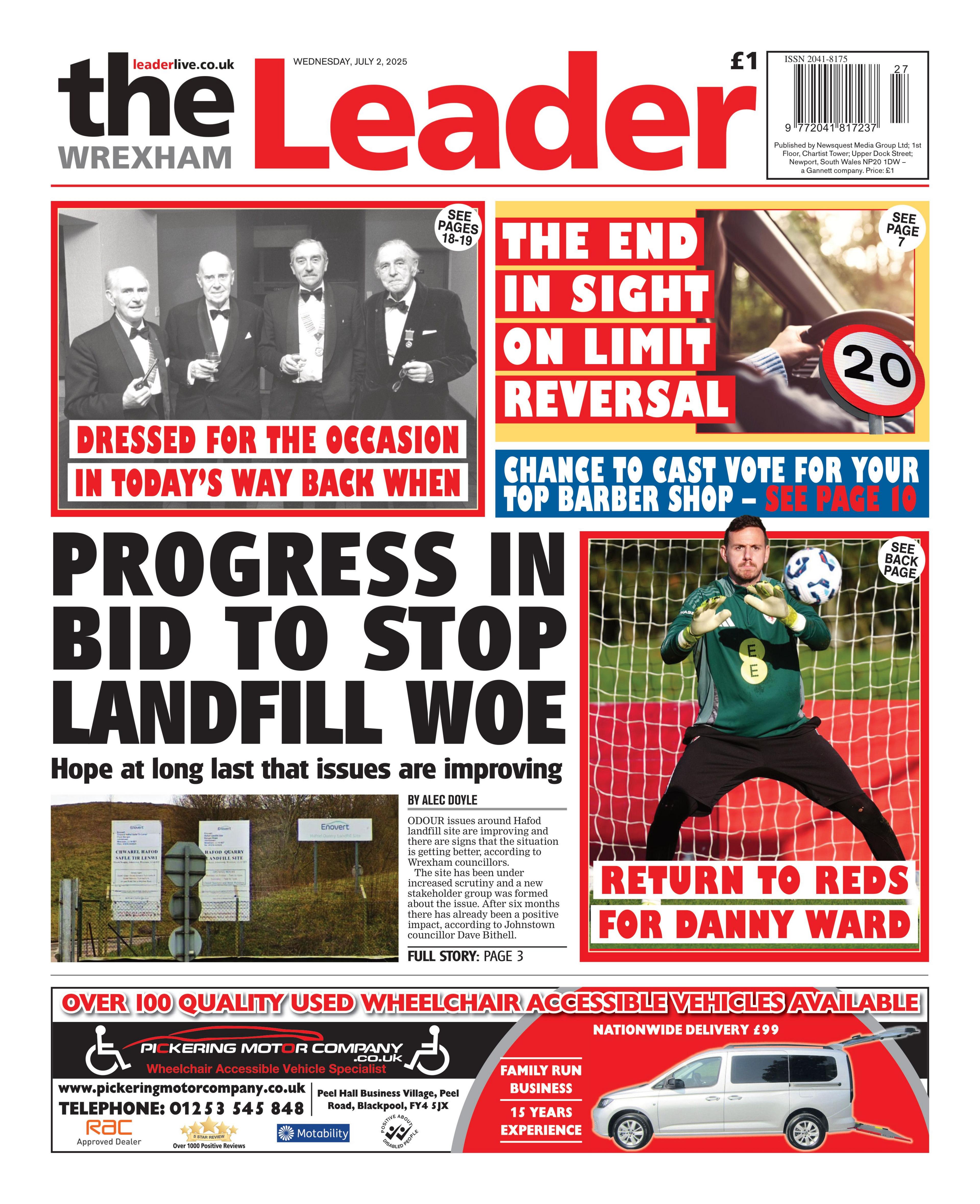 Front page of the Wrexham Leader with the splash headline: "Progress in the bid to stop landfill woe". Below is an advert for a wheelchair accessible taxis. Above are three boxes with the headlines: "Dressed for the occasion in today's way back when"; "the end in sight on limit reversal"; and "Chance to cast vote for your top barber shop".