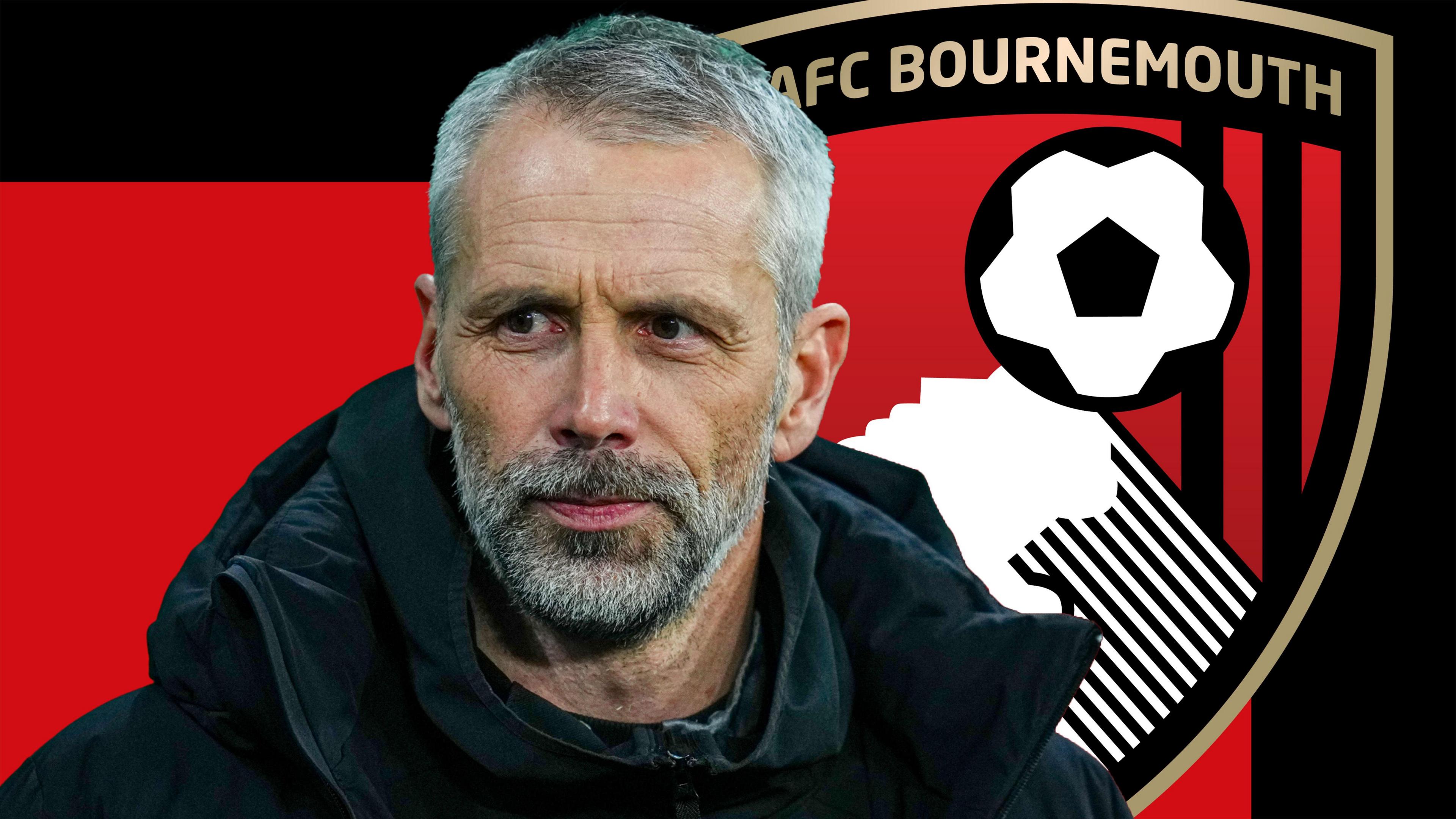 A graphic of Marco Rose in front of a red and black background and the Bournemouth club badge