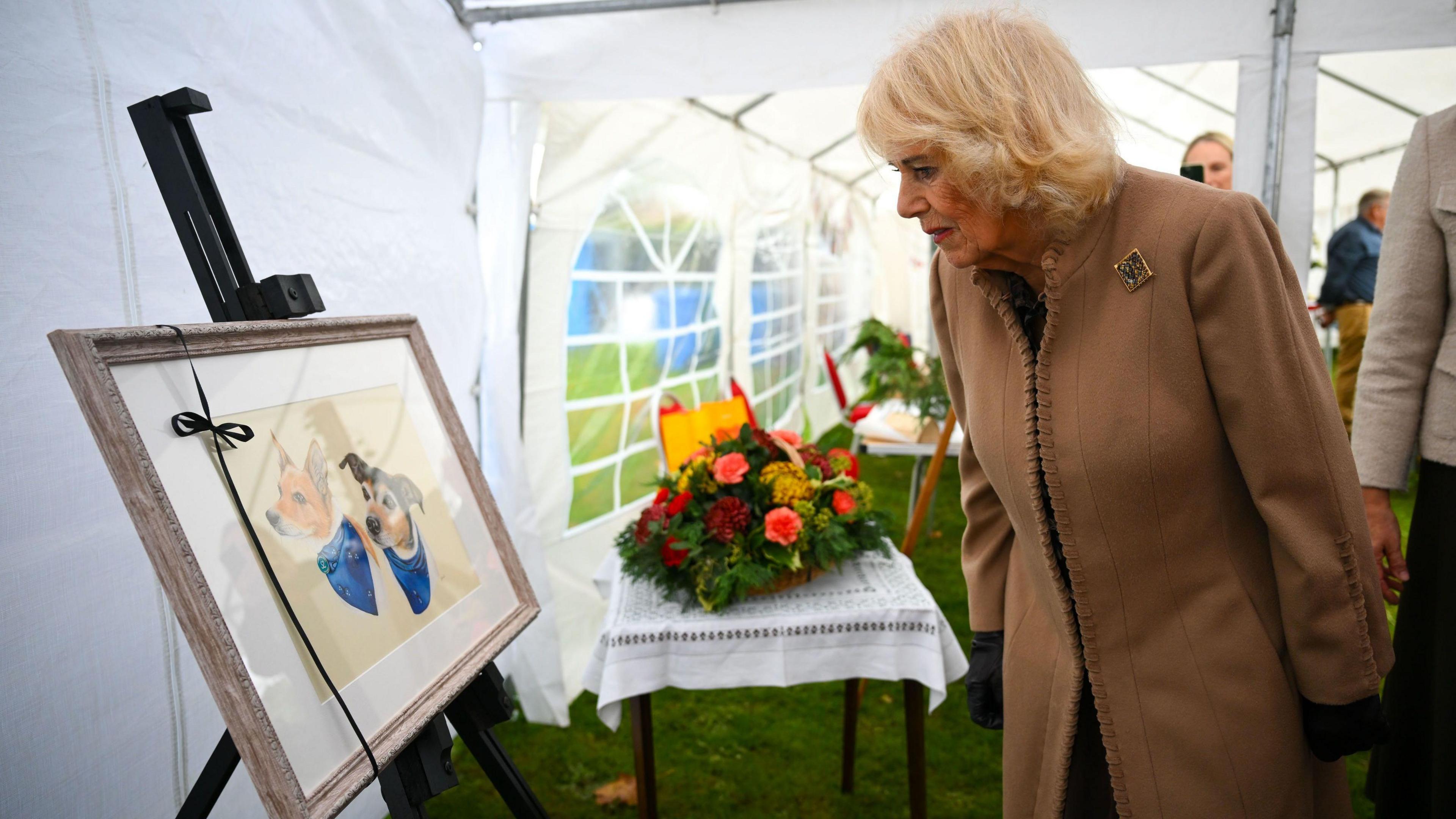 Camilla peering at a portrait of two dogs wearing blue scarves. There are flowers in the background.