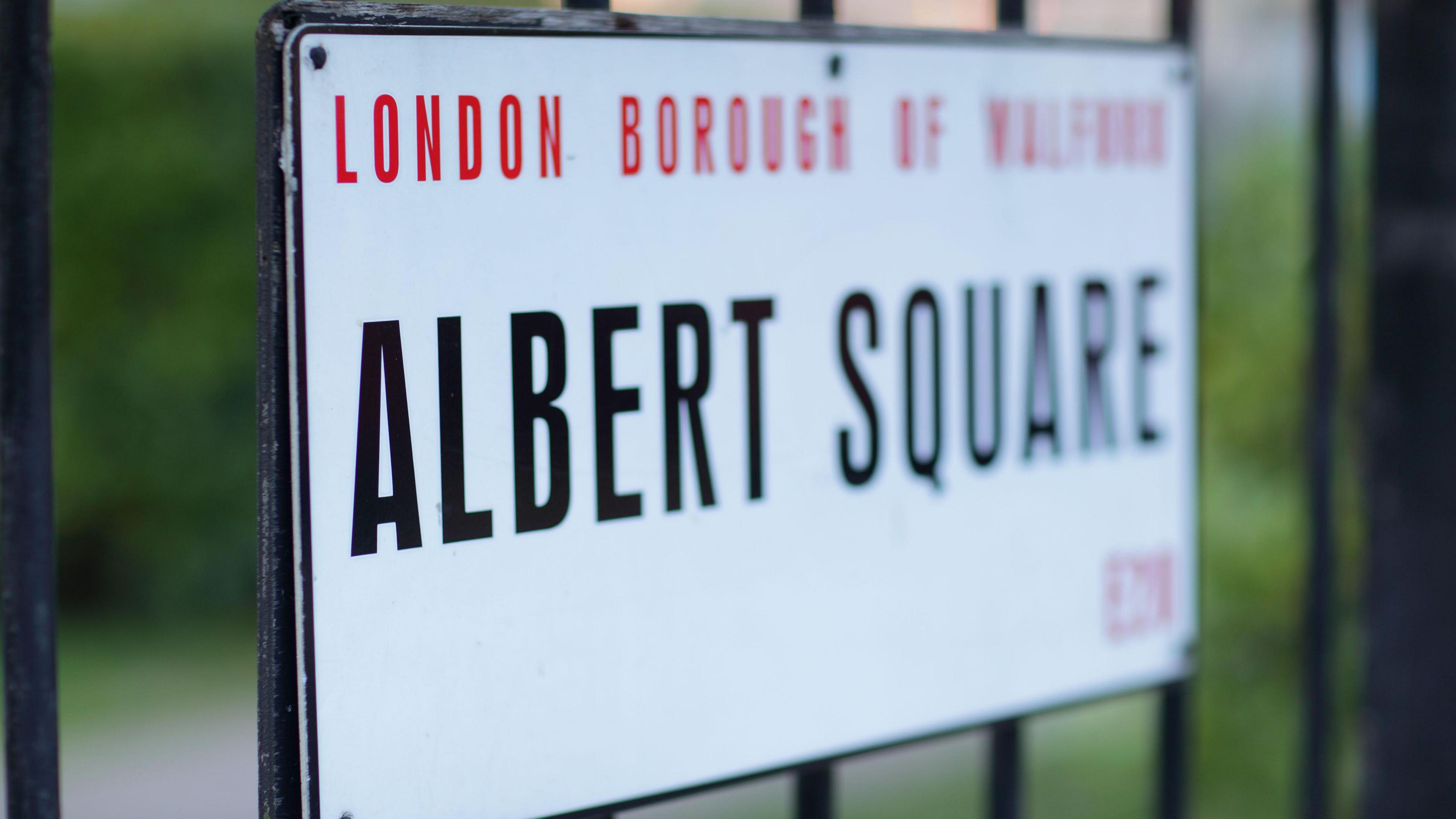 The Albert Square sign on the set of EastEnders. 