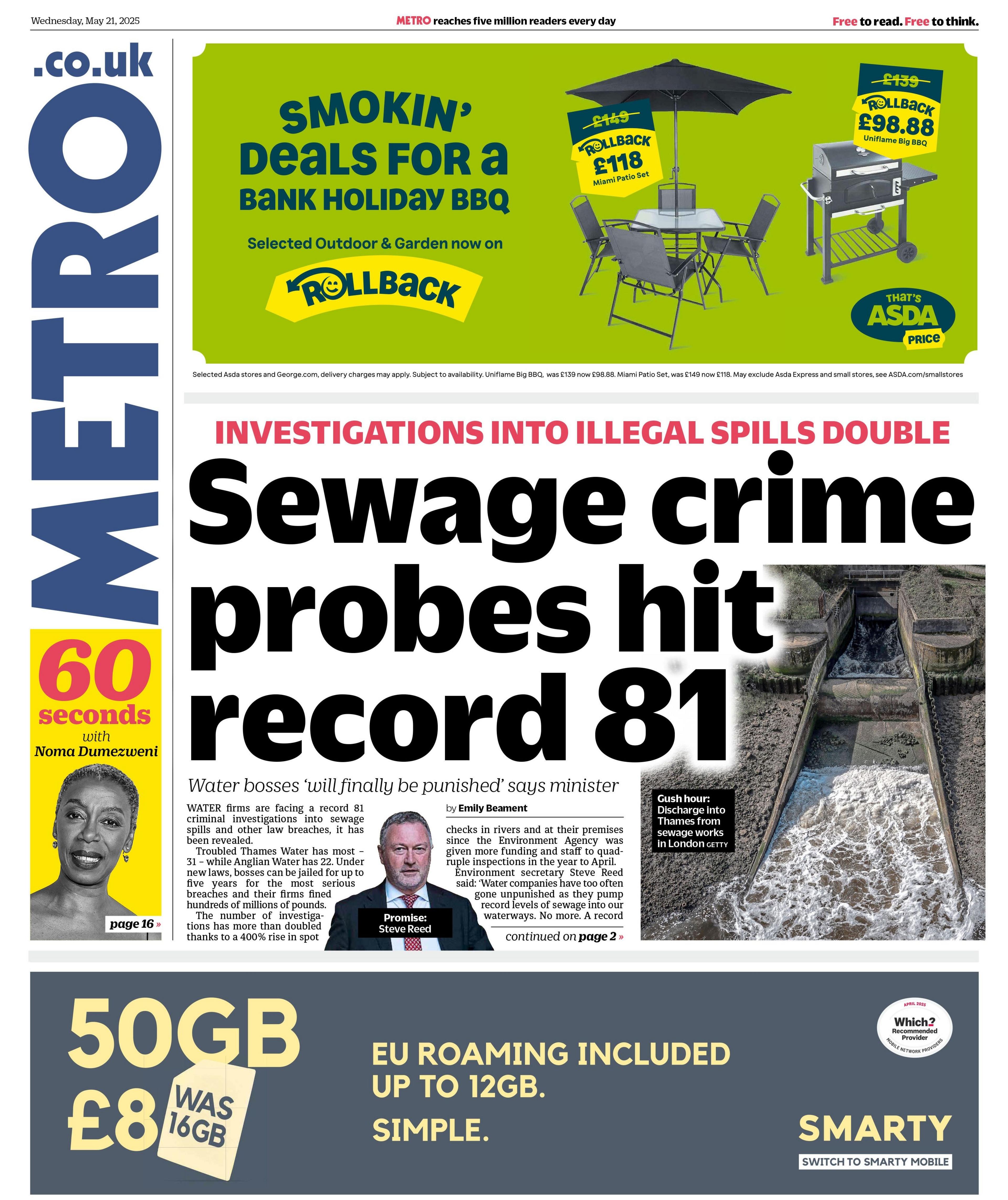 The headline of the front page of the Metro reads: "Sewage crime probes hit record 81".