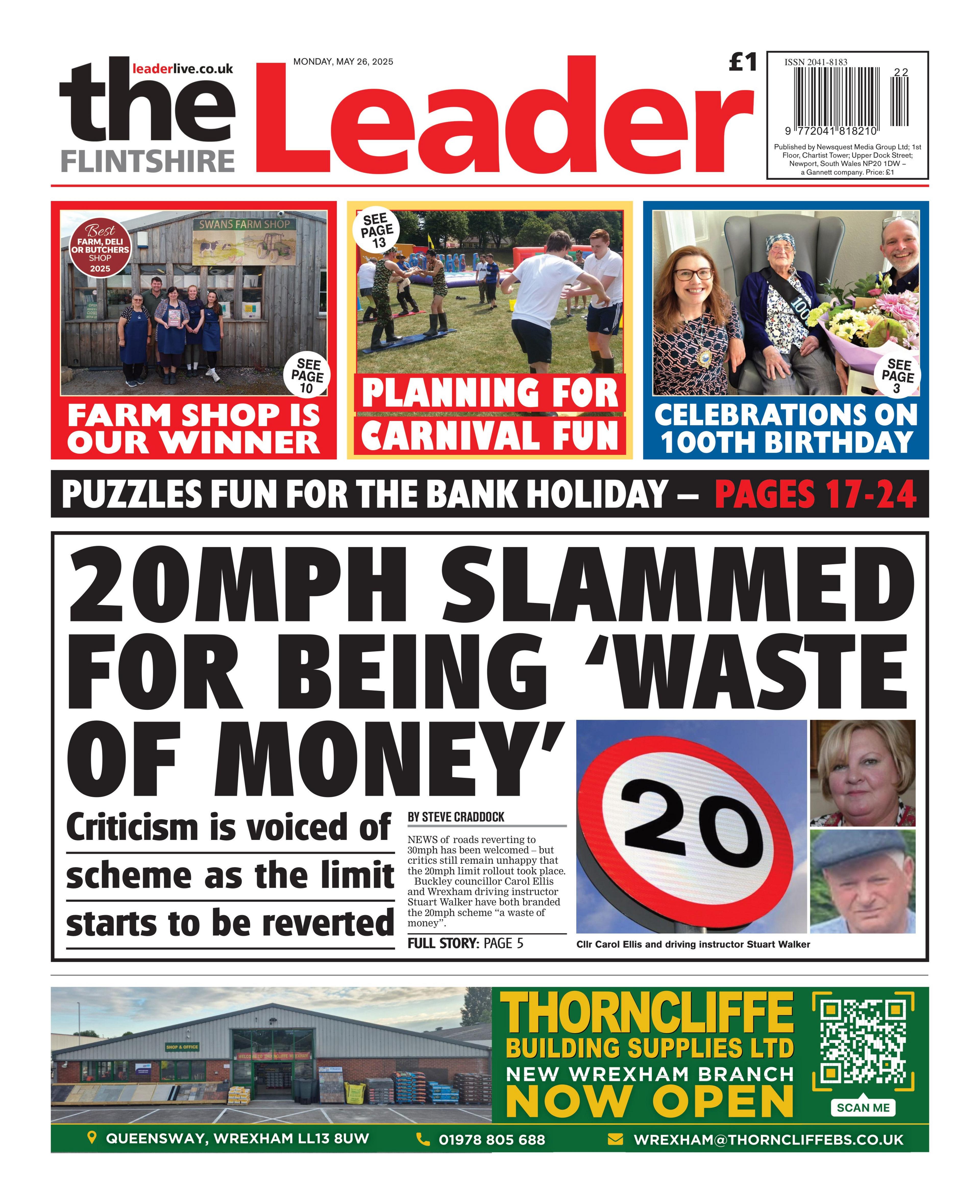 Front page of the Flintshire Leader has a picture of a 20 miles per hour sign and the headline. 20 mph slammed for being a waste of money