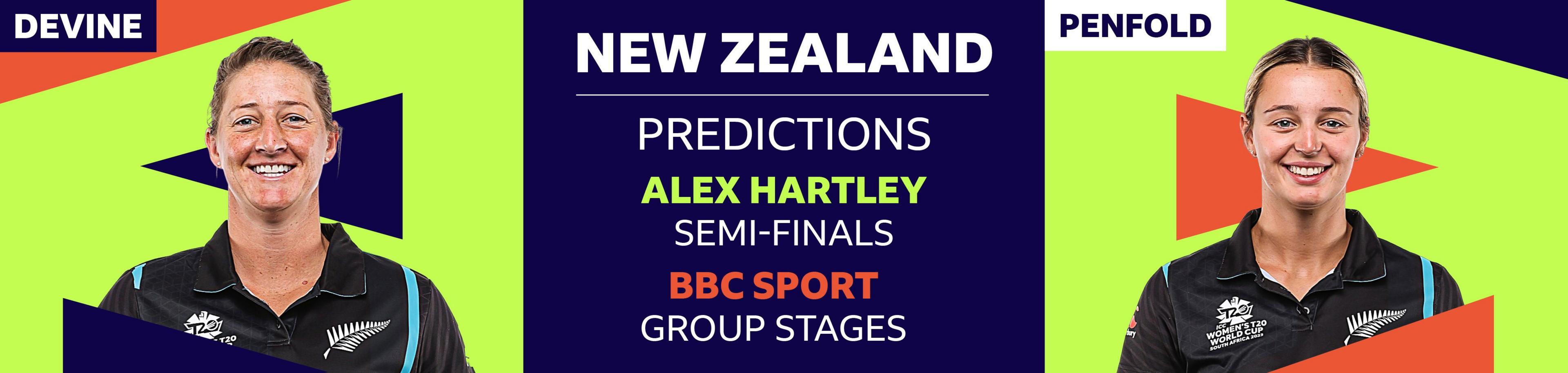 A banner image showing Alex Hartley has picked Sophie Devine and Molly Penfold as her two New Zealand players to watch at the Women's T20 World Cup 2023. Hartley has predicted New Zealand will reach the semi-finals, while BBC Sport cricket writer Ffion Wynne thinks they will be eliminated in the group stages