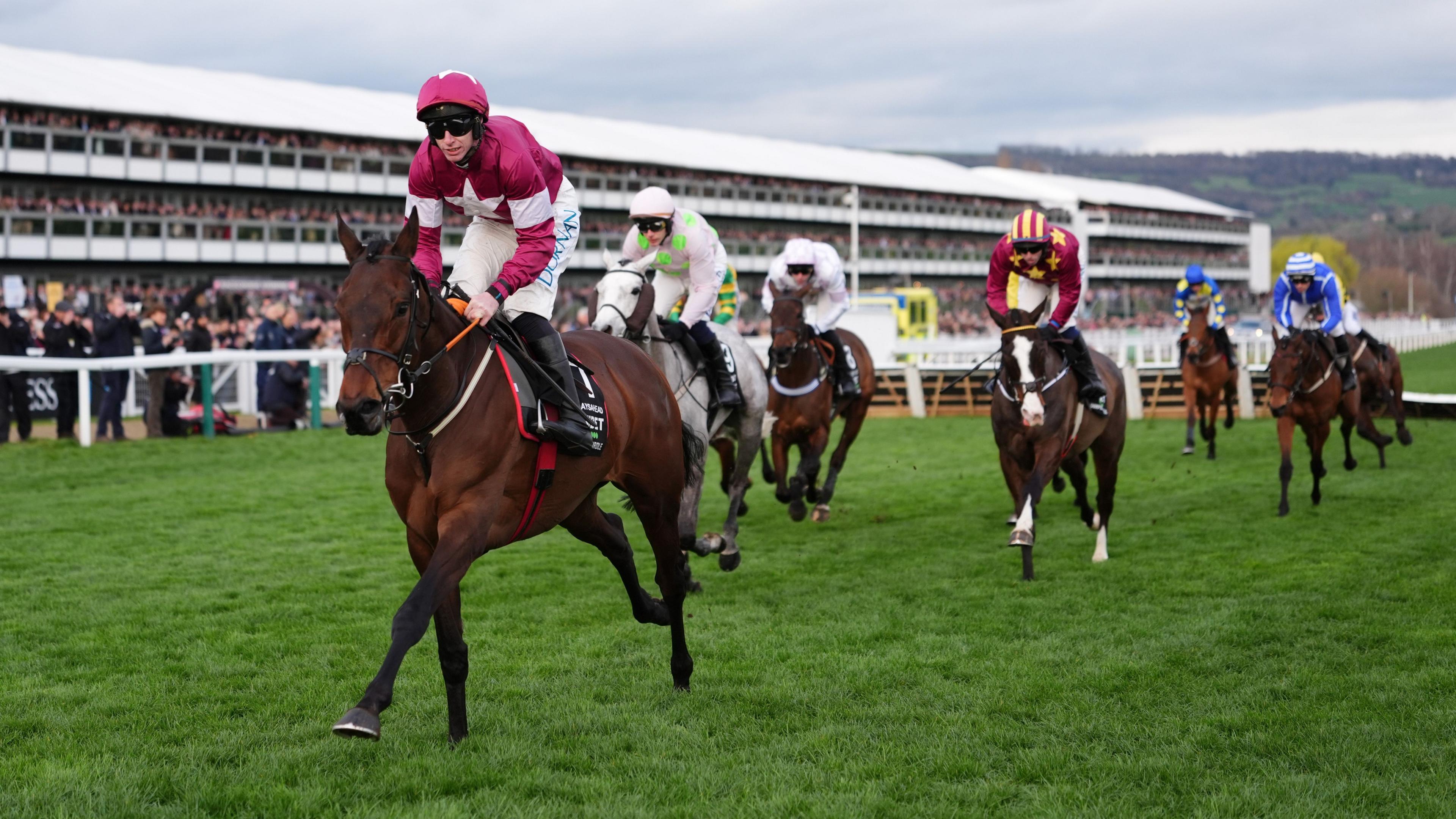 Brighterdaysahead ridden by Jack Kennedy leads the Unibet Champion Hurdle Challenge Trophy on day one of the 2026 Cheltenham Festival at Cheltenham Racecourse