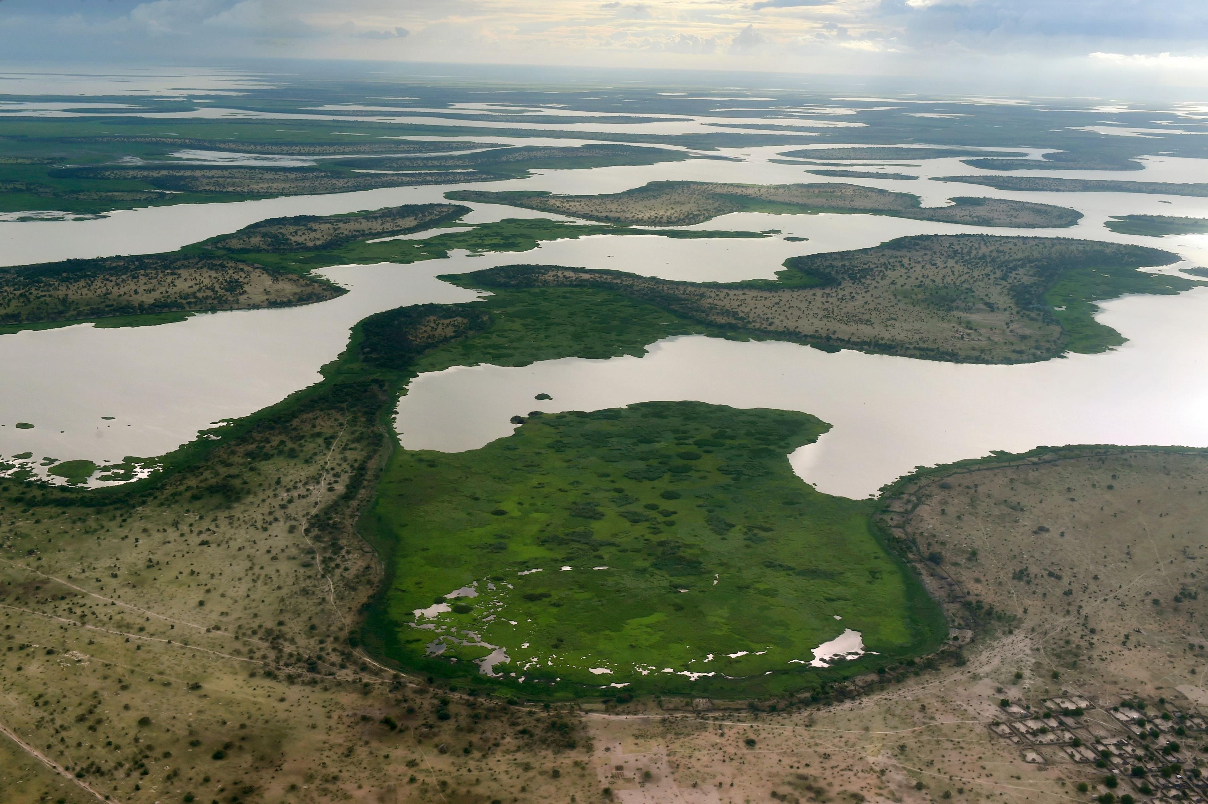 A series of small, interconnected lakes with islands visible in between