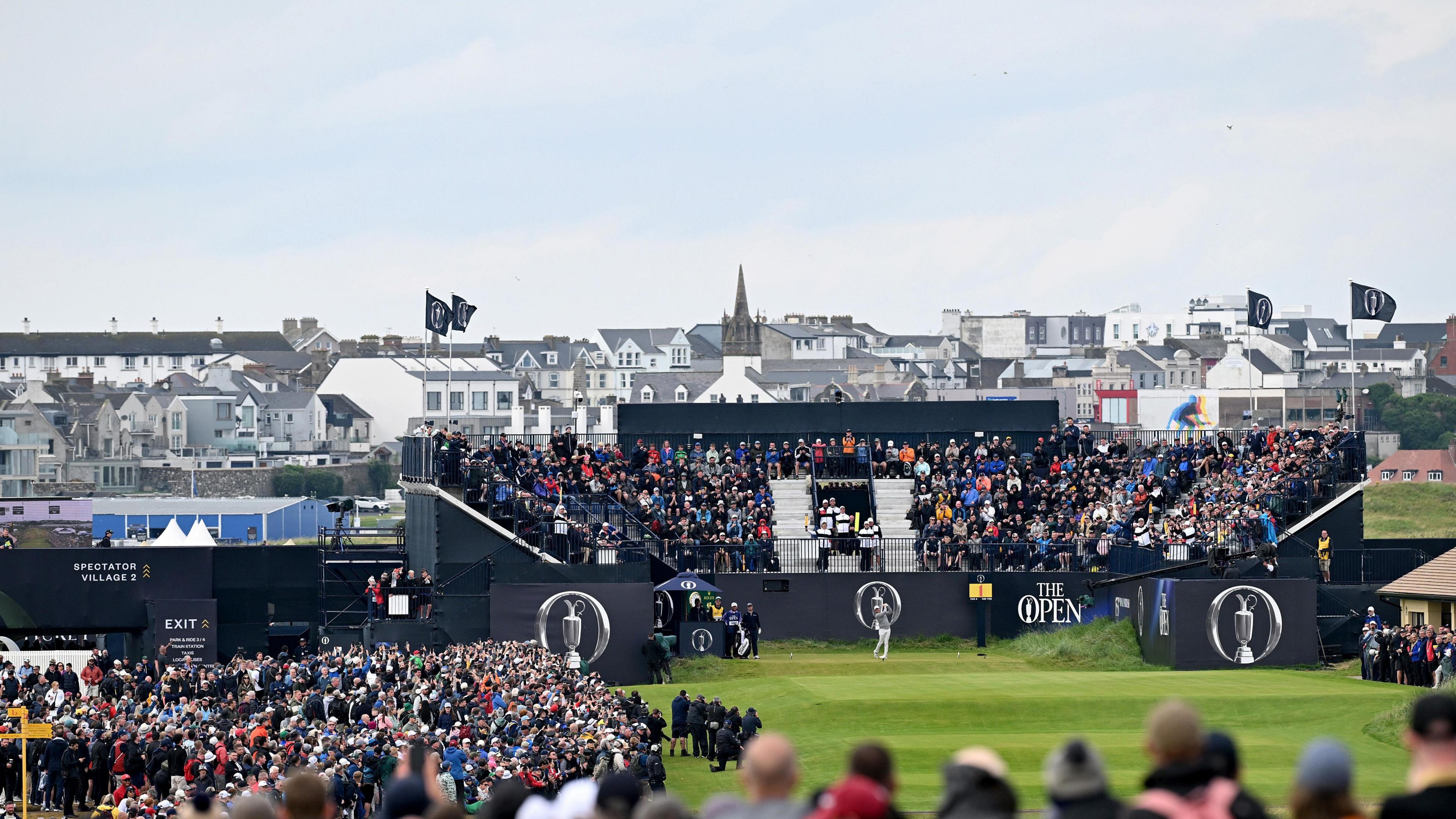 Fans at the first hole at Royal Portrush
