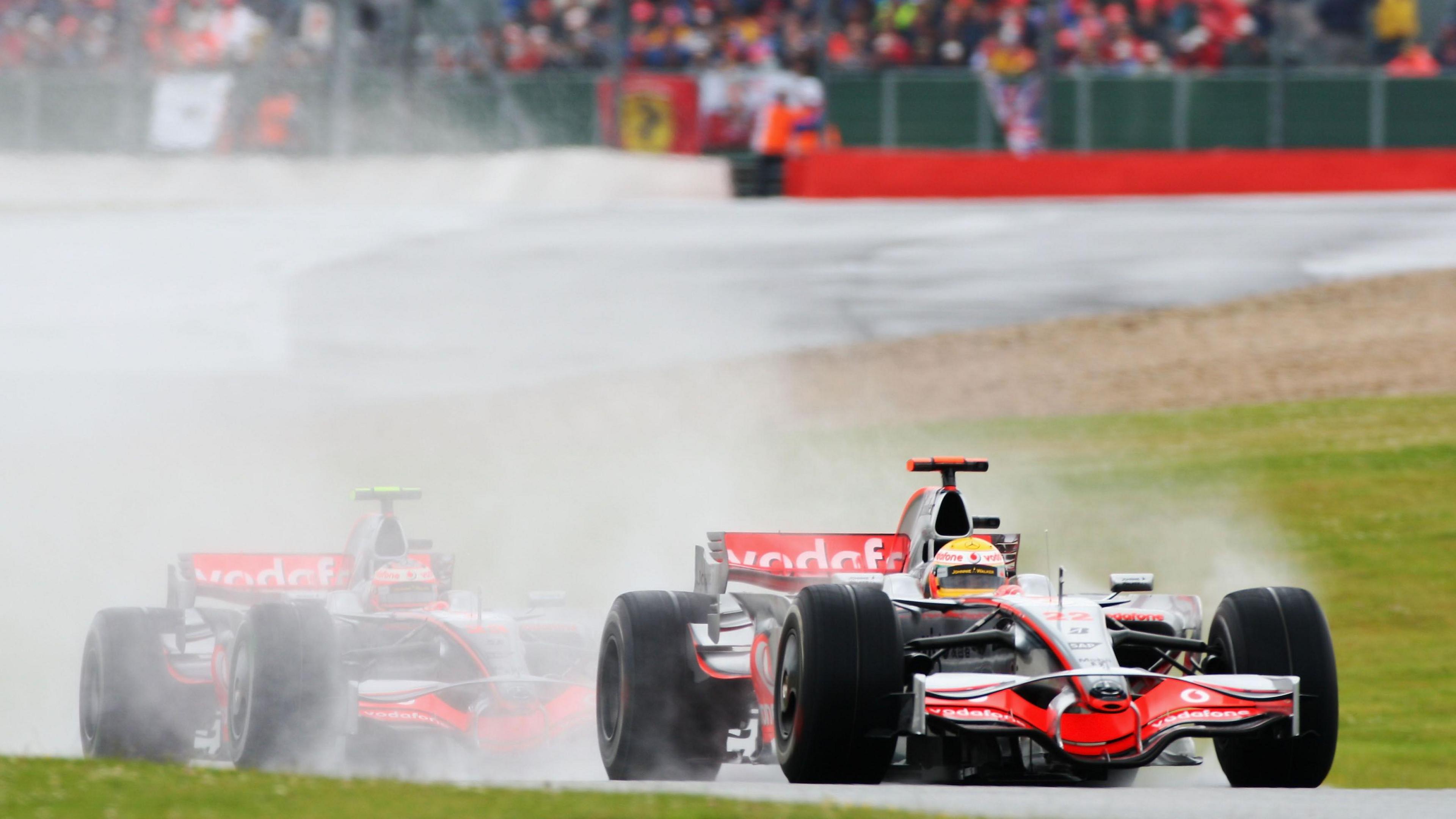 Lewis Hamilton leads McLaren team-mate Heikki Kovalainen on the way to an utterly dominant victory in treacherous and changeable conditions in 2008. It was the first of nine wins at Silverstone for the Briton - a record for a driver at a single circuit in F1