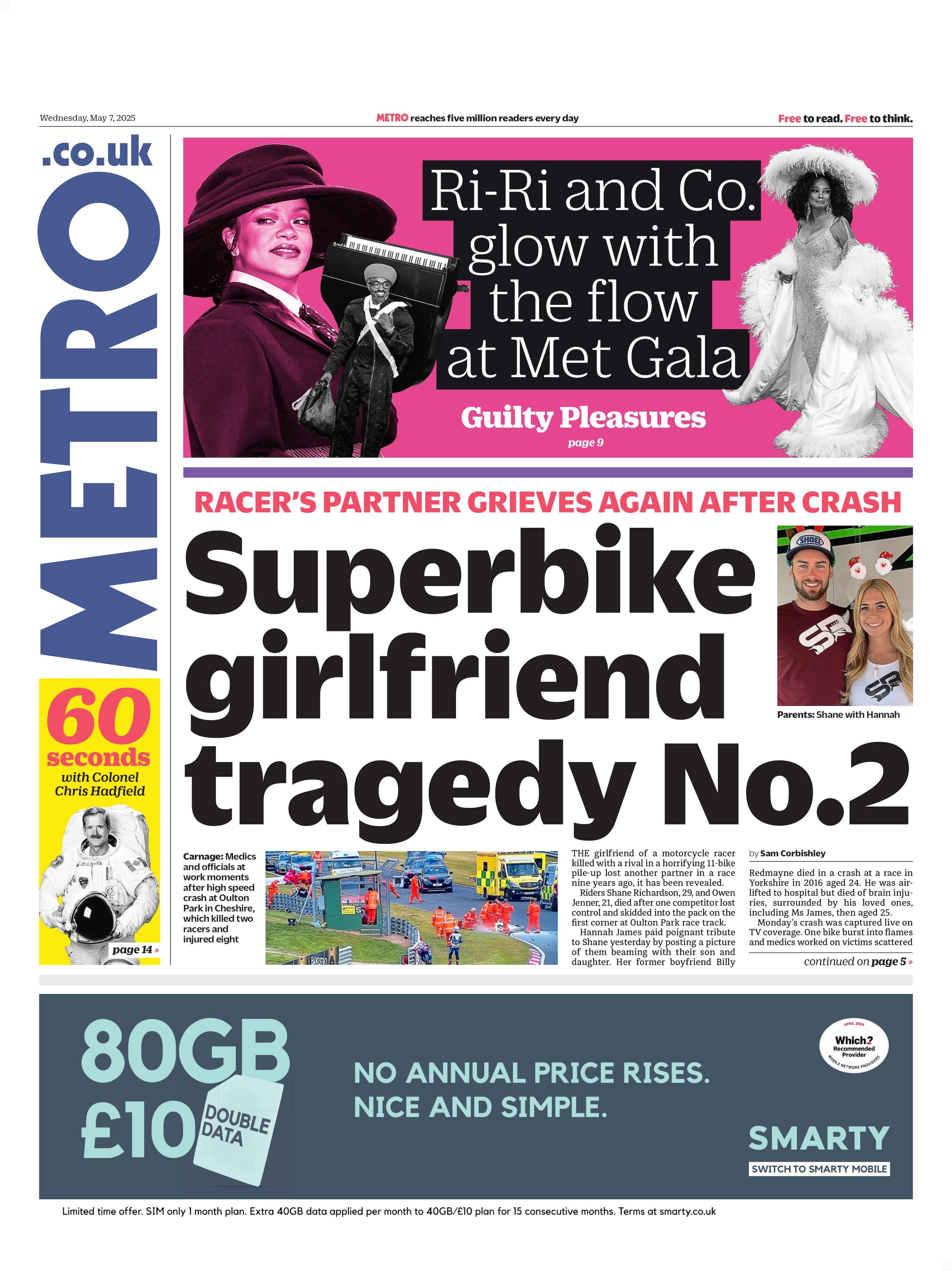 The front page of the Metro newspaper reads: "Superbike girlfriend tragedy No.2"