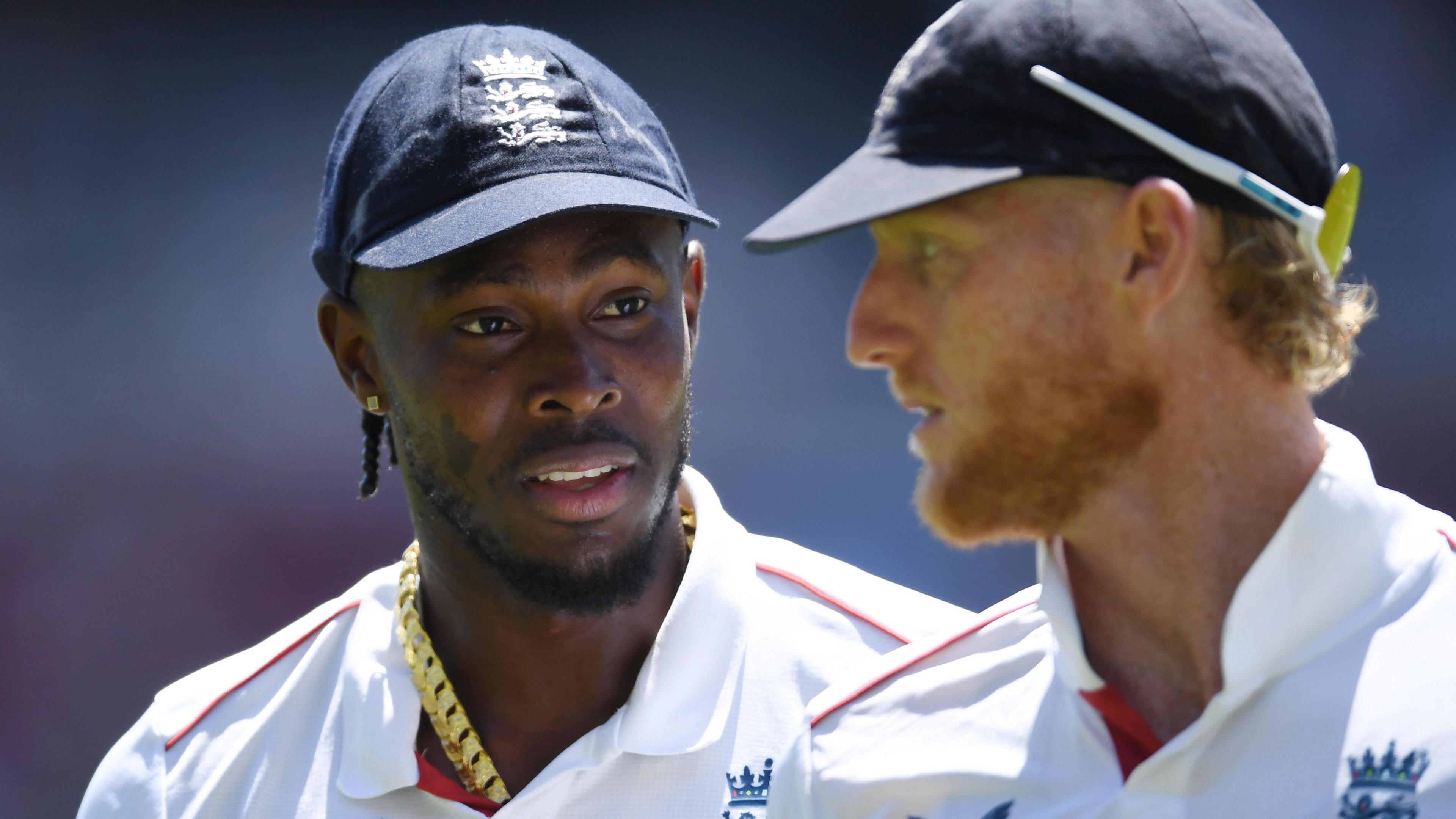 Jofra Archer and Ben Stokes pictured on the field during the Ashes
