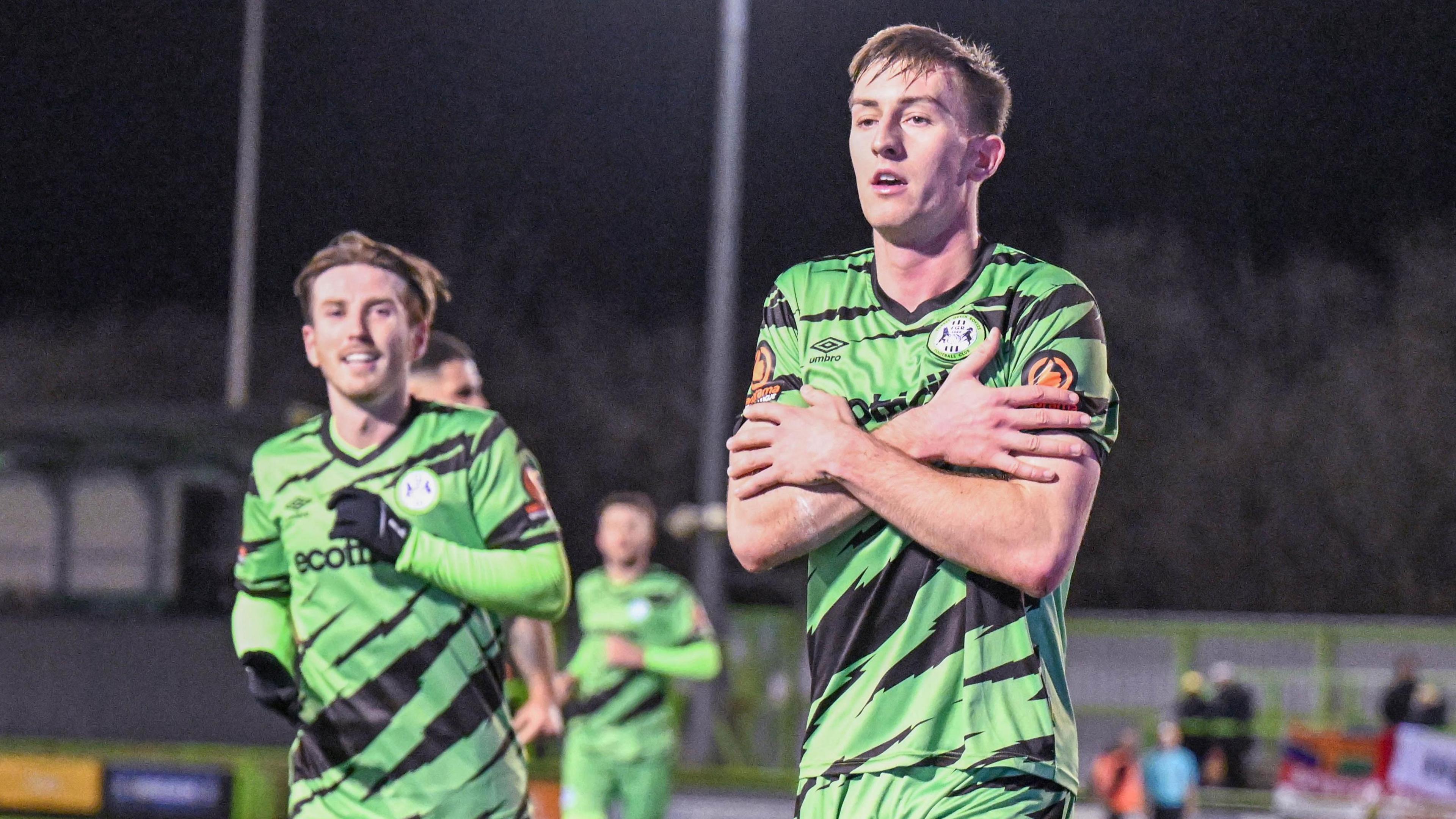 Harvey Bunker celebrates after scoring for Forest Green against Boston United