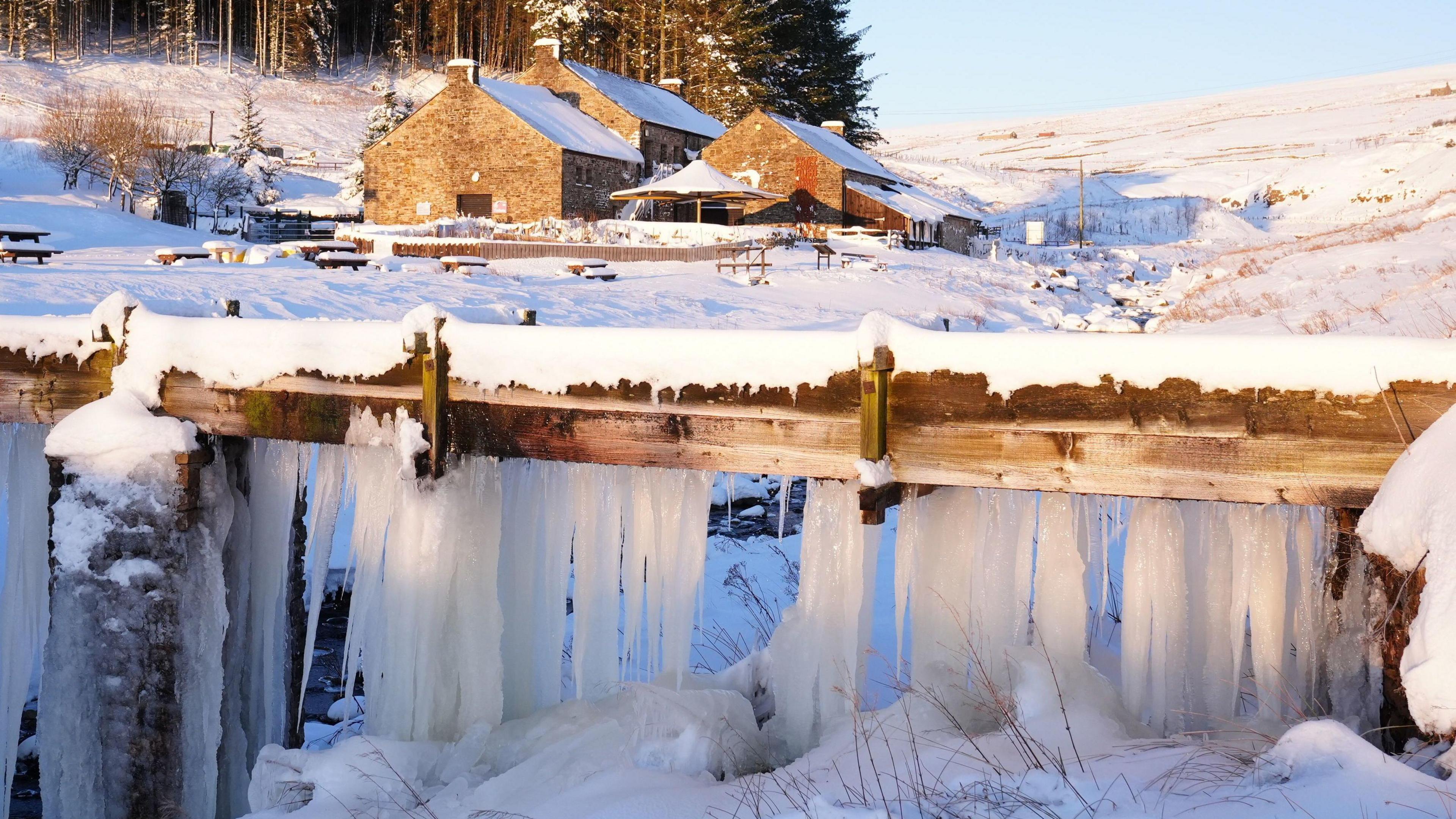 huge icicles hanging from Killhope Lead Mine in Durham