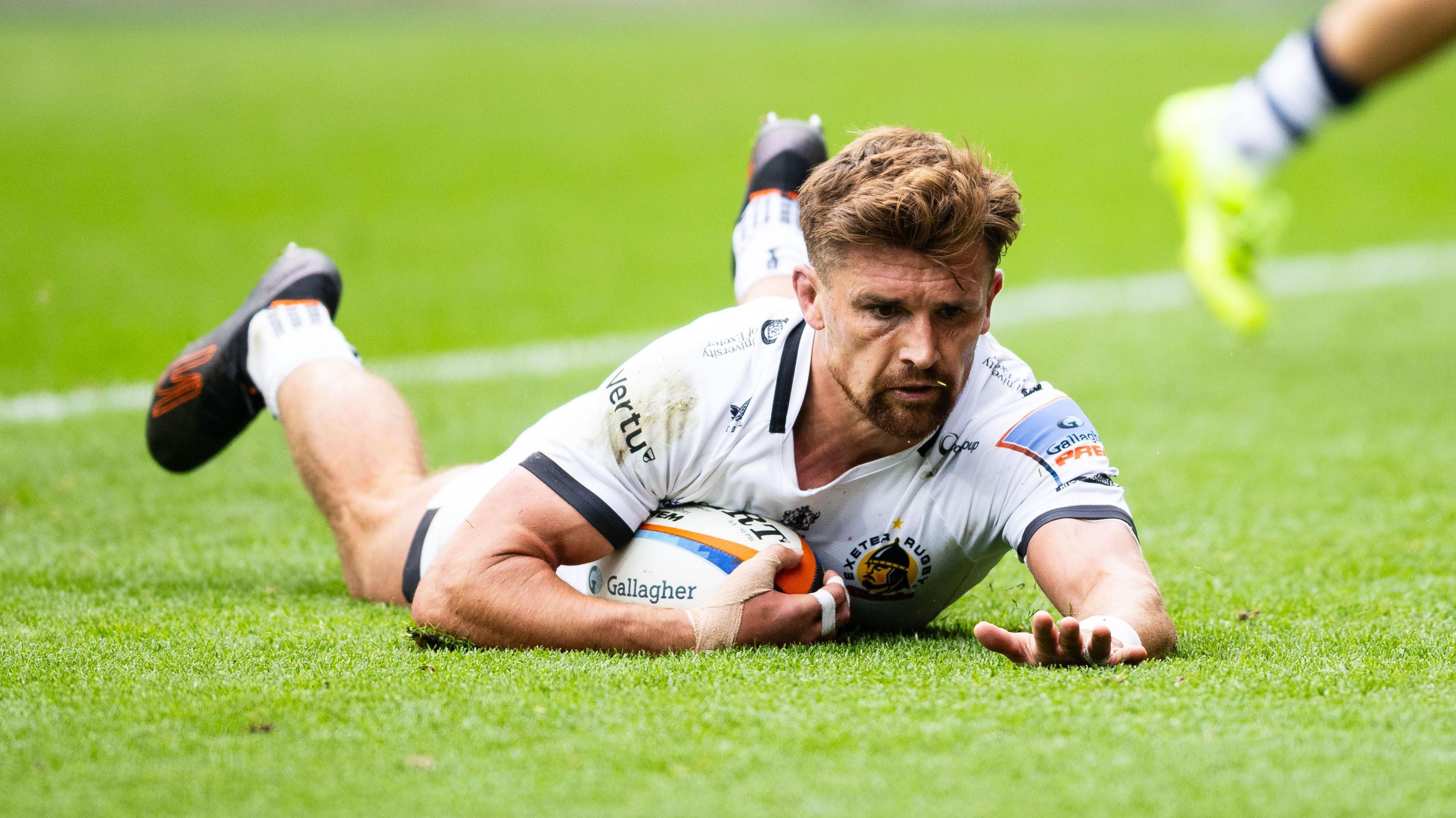 Henry Slade slides over for an Exeter try against Bristol at Ashton Gate