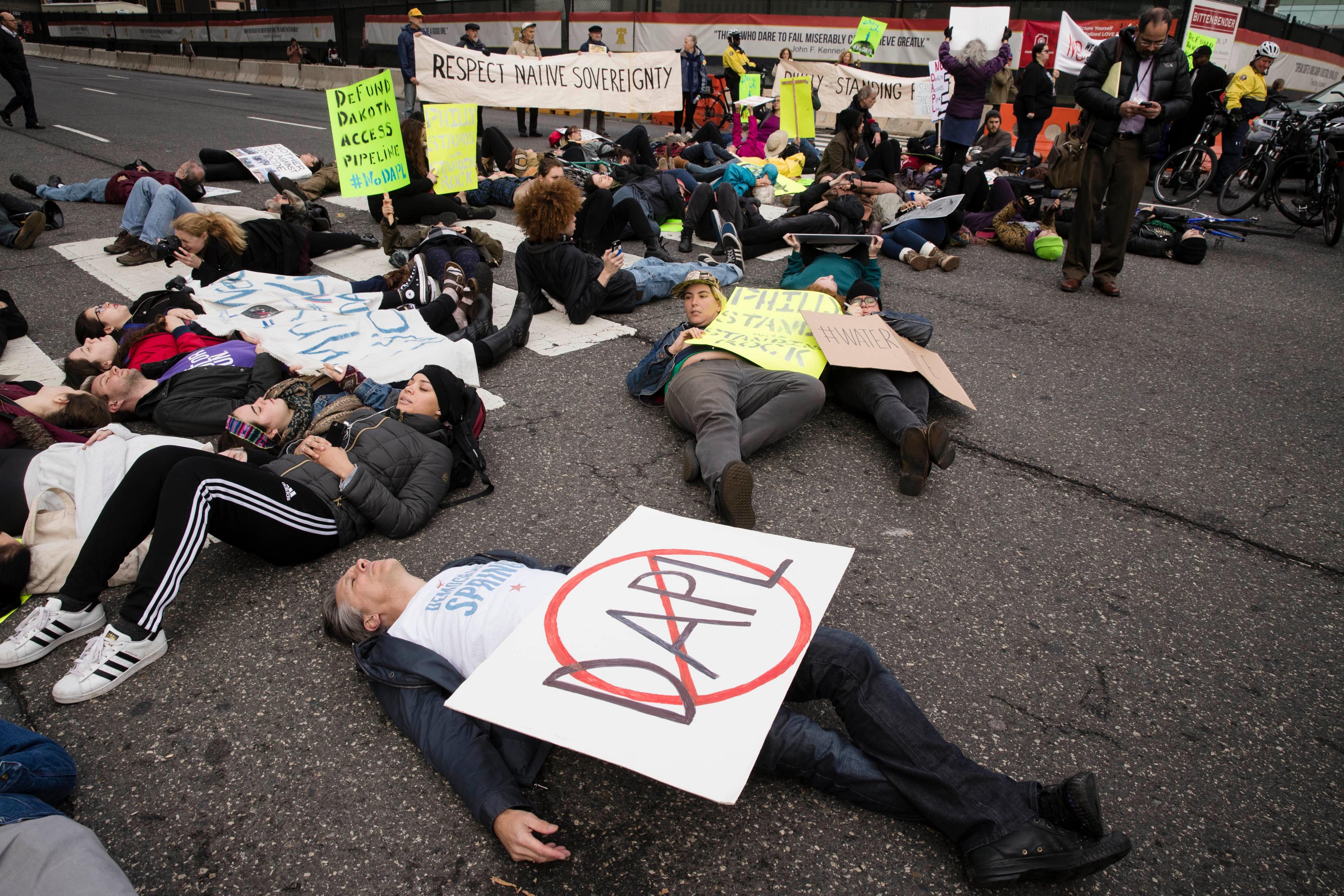 A solidarity protest held in Philadelphia against a North Dakota oil pipeline project