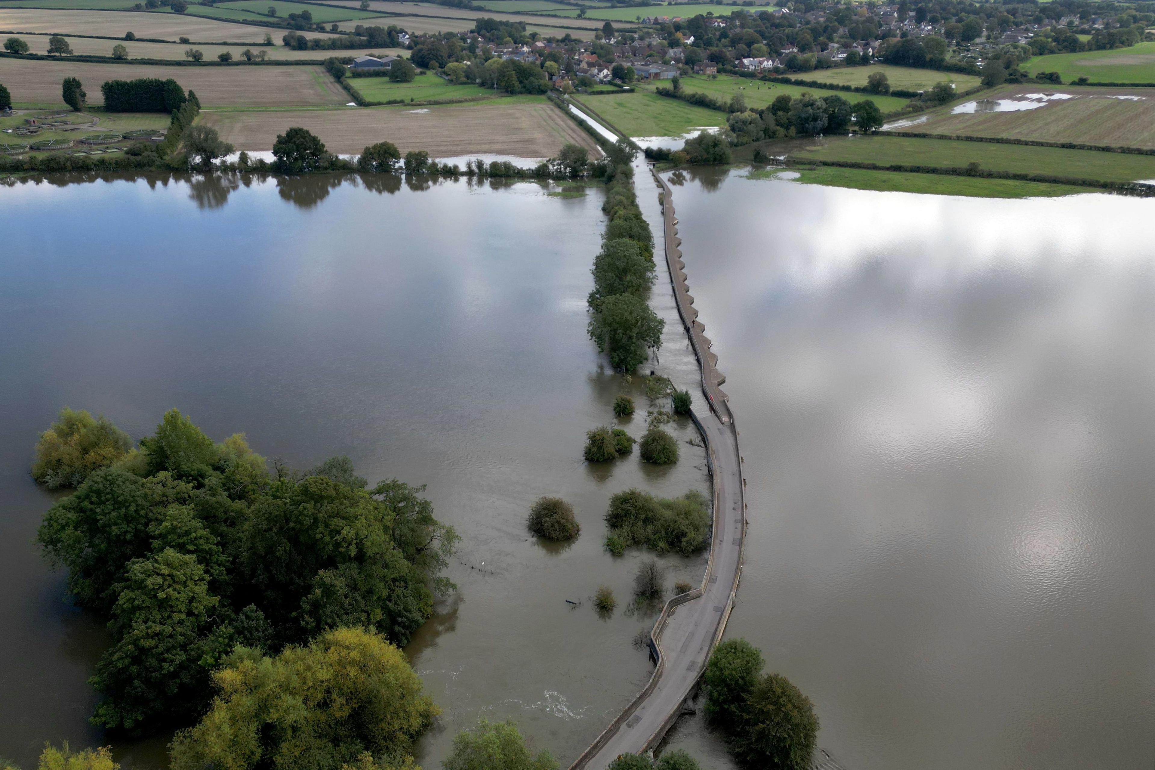 Overshot of flooded roads and river after the River Great Ouse burst its banks