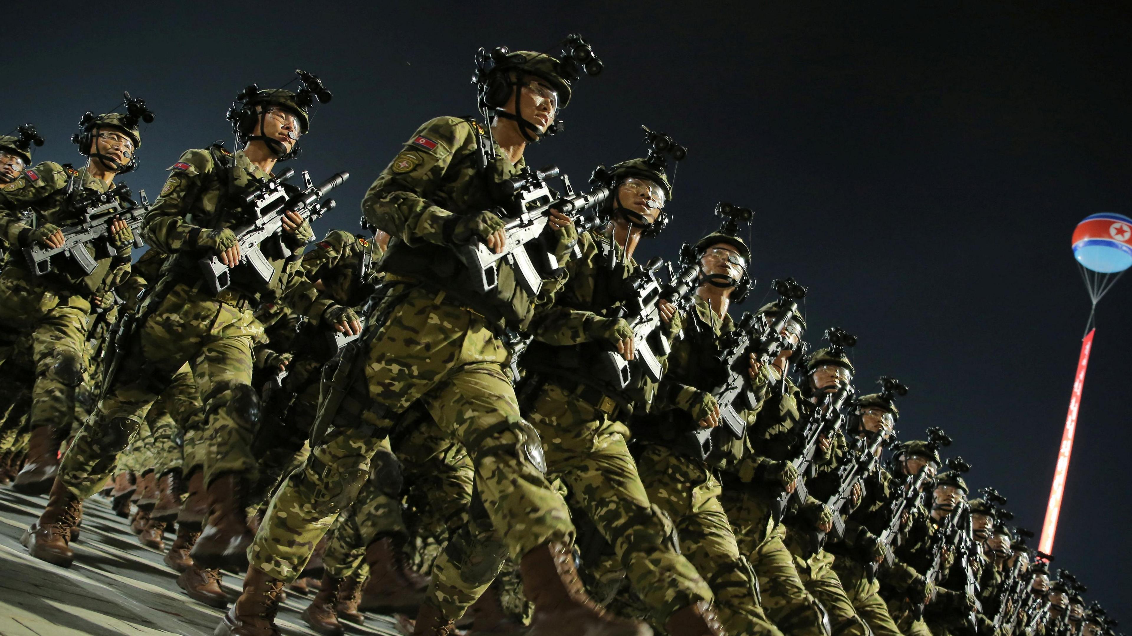 Soldiers participate in a military parade to commemorate the 70th anniversary of the Korean War armistice in Pyongyang, North Korea, July 27, 2023, in this image released by North Korea's Korean Central News Agency.