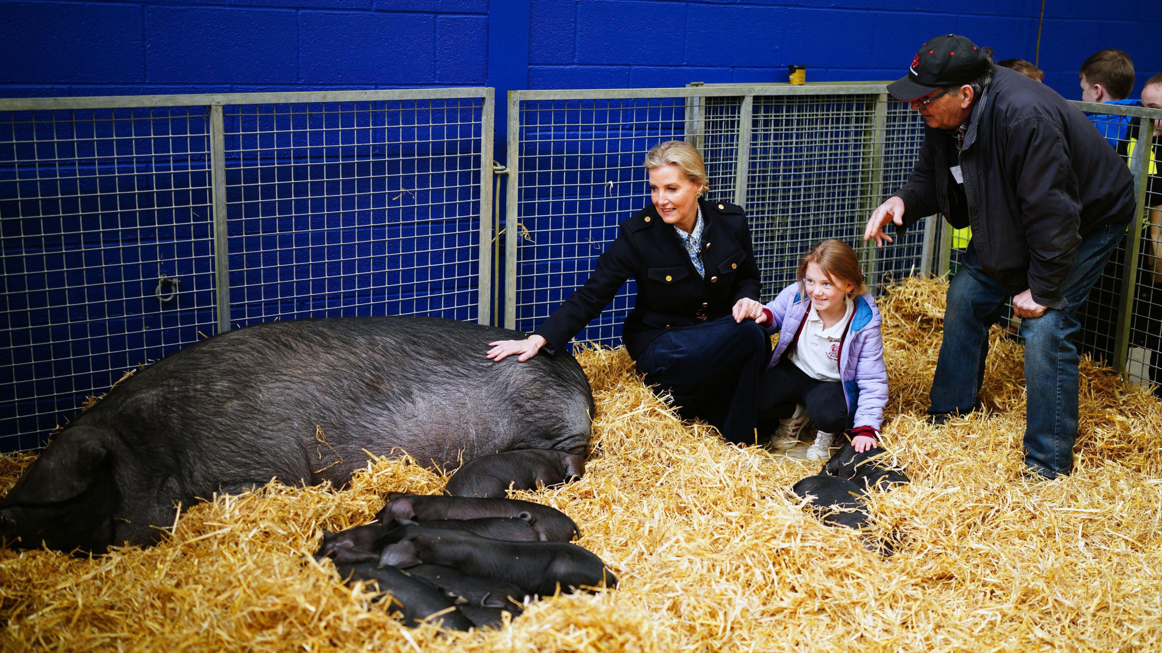 Duchess of Edinburgh stroking a pig