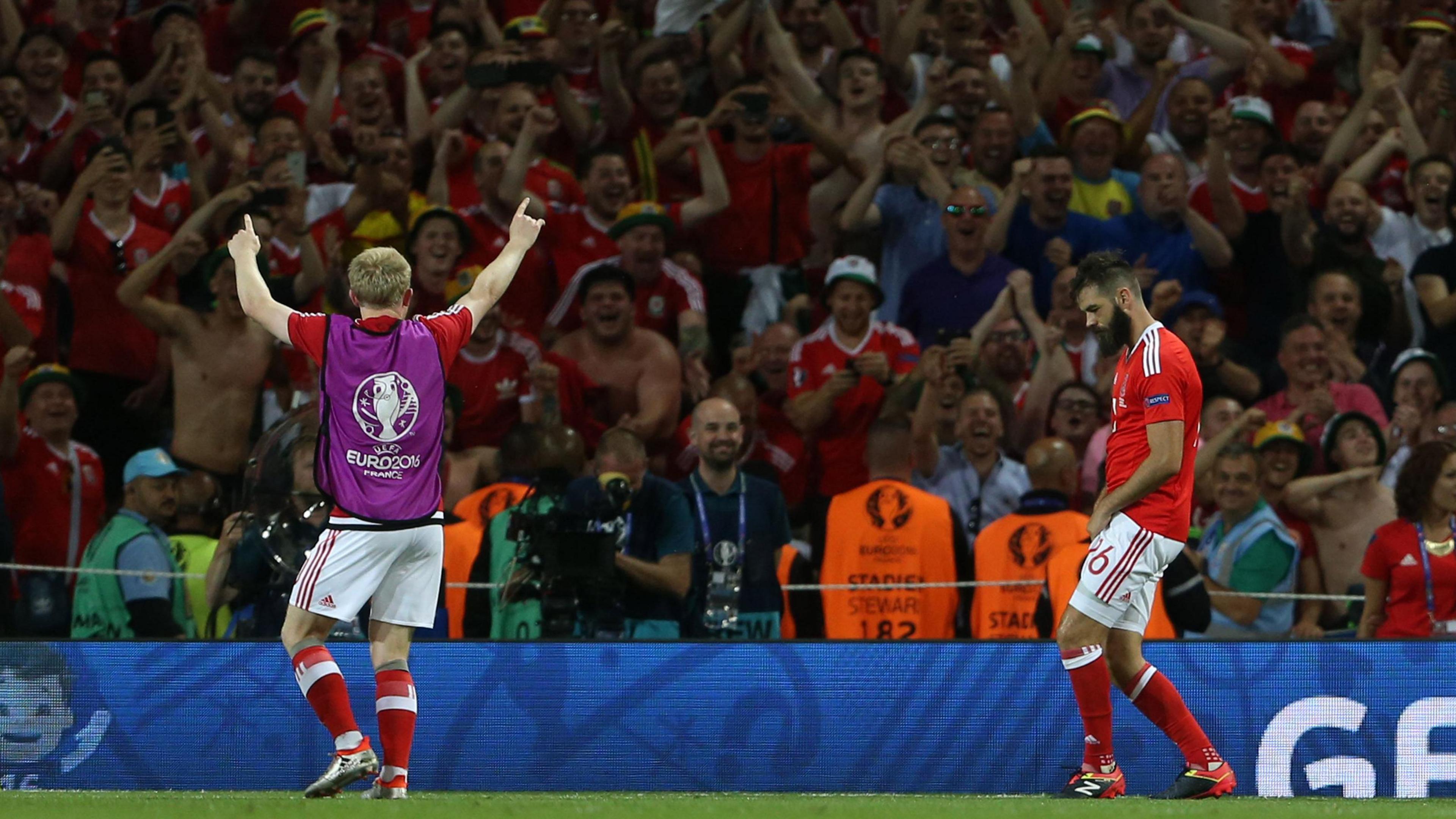 Joe Ledley (right) dances in front of the Wales fans after the 3-0 win over Russia at Euro 2016