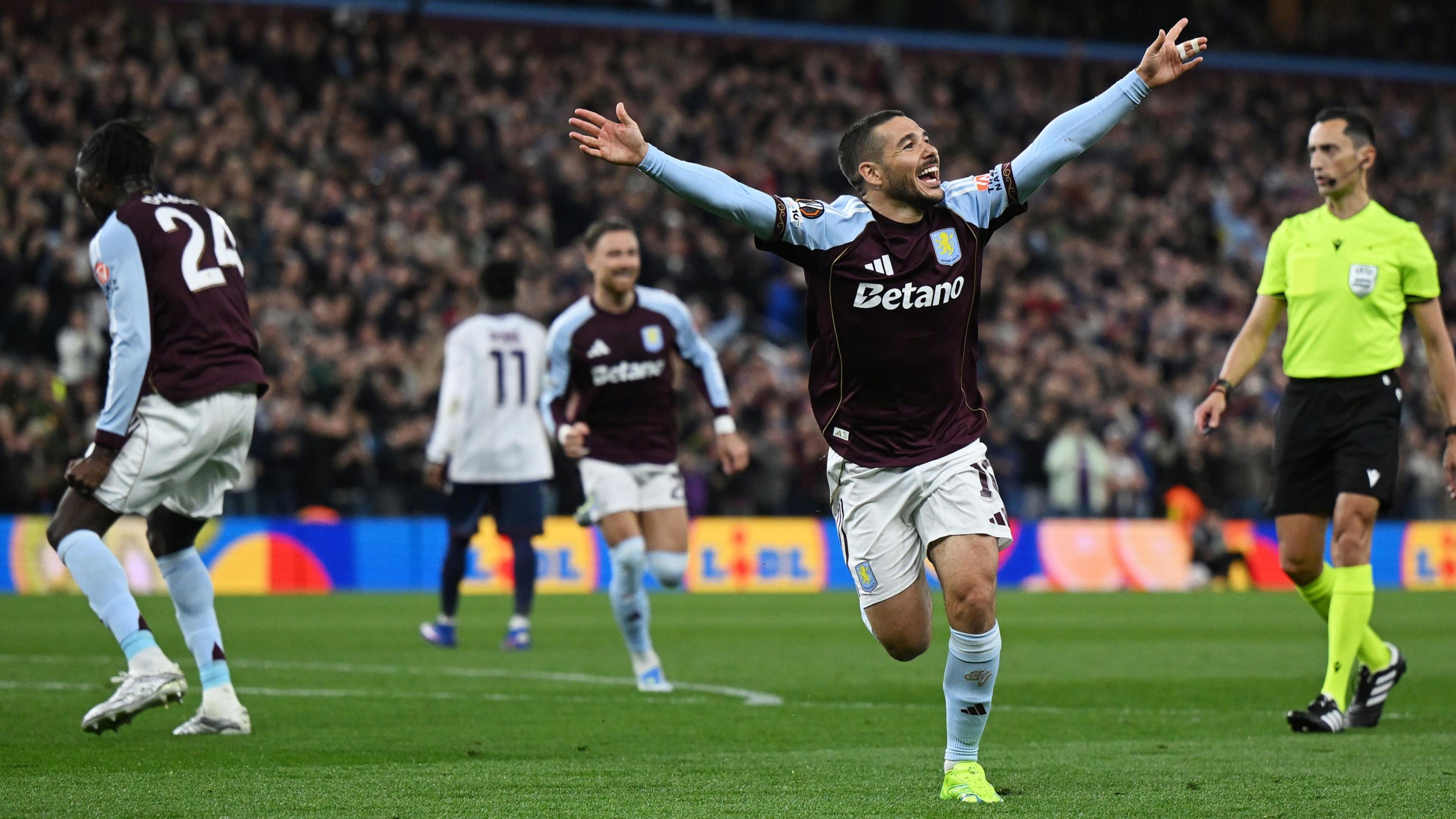 Emi Buendia of Aston Villa celebrates scoring his team's second goal during the UEFA Europa League 2025/26 Quarter-Final Leg Two match between Aston Villa FC and Bologna FC 1909 at Villa Park 